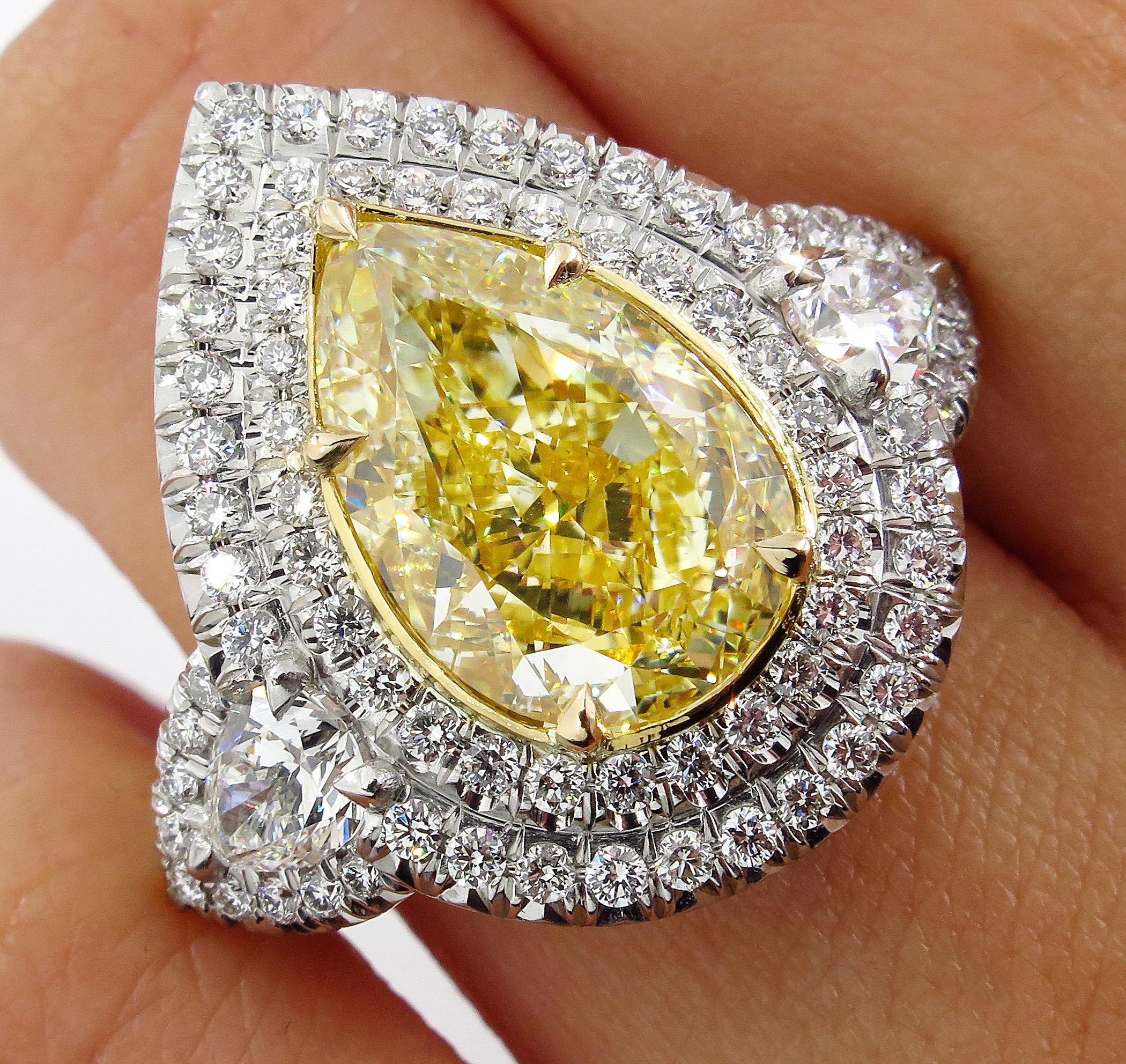 GIA 7.66 Carat Estate Fancy Yellow Pear Diamond Engagement Ring Plat Yellow Gold 3