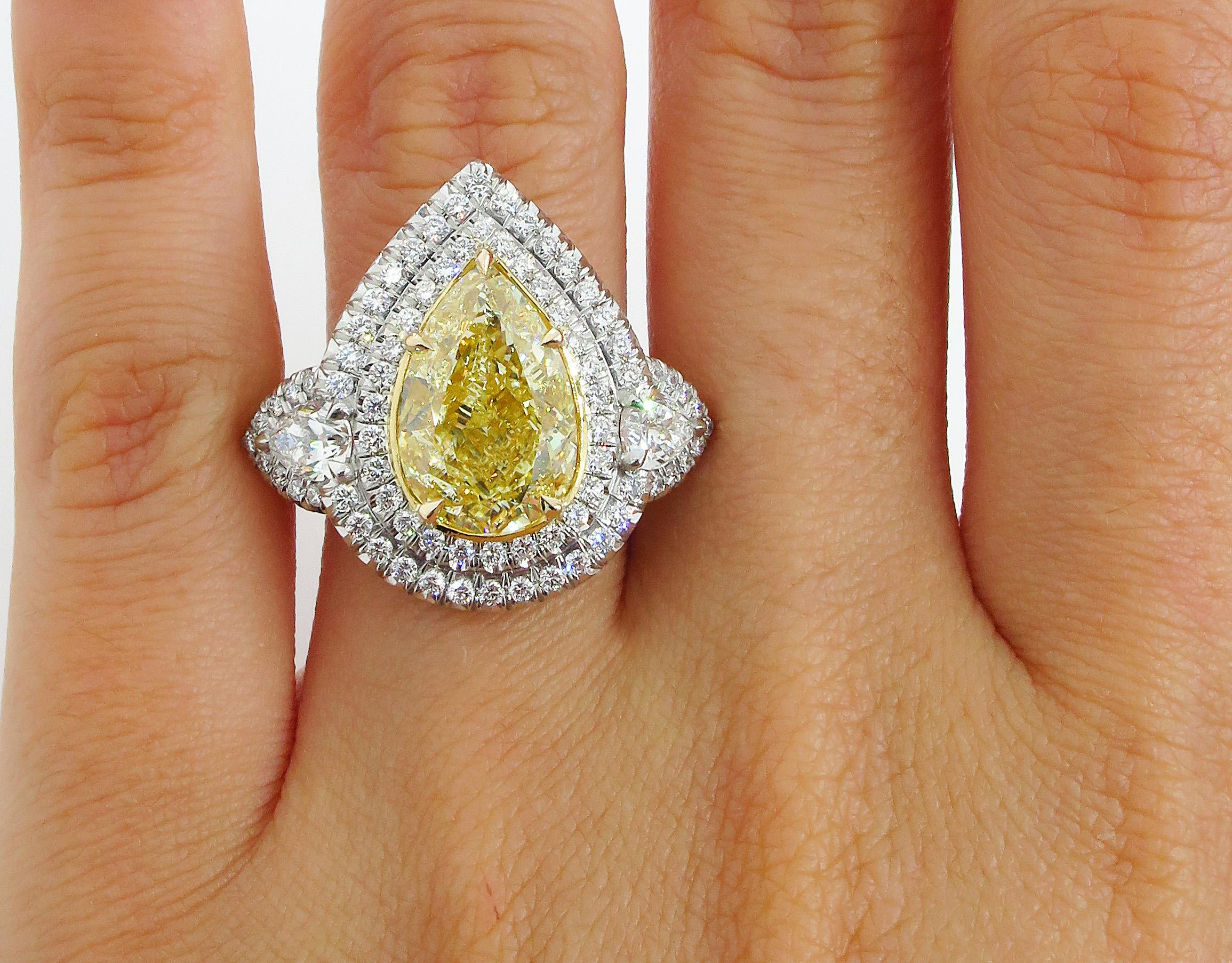 GIA 7.66 Carat Estate Fancy Yellow Pear Diamond Engagement Ring Plat Yellow Gold 4