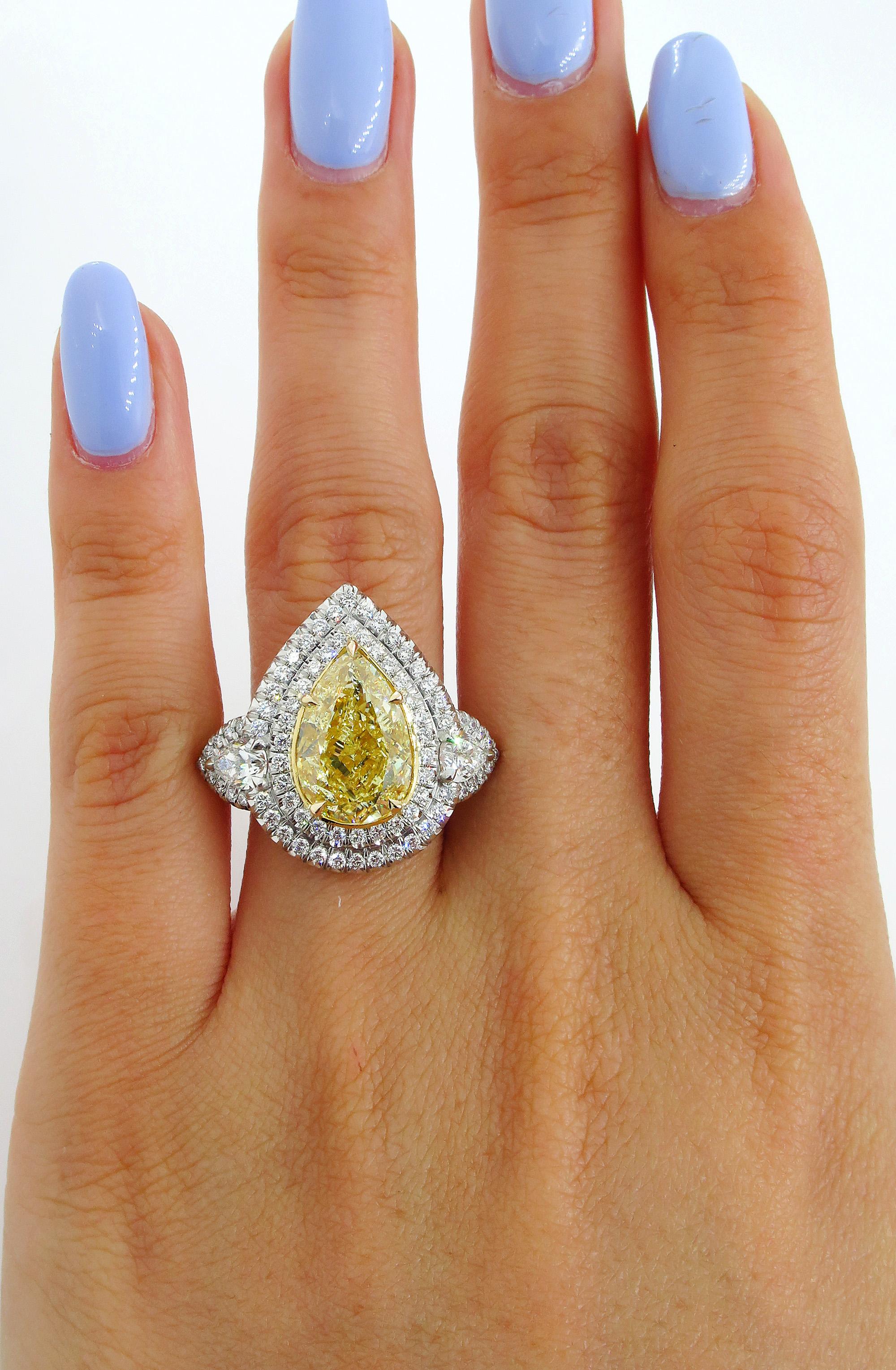 GIA 7.66 Carat Estate Fancy Yellow Pear Diamond Engagement Ring Plat Yellow Gold 5