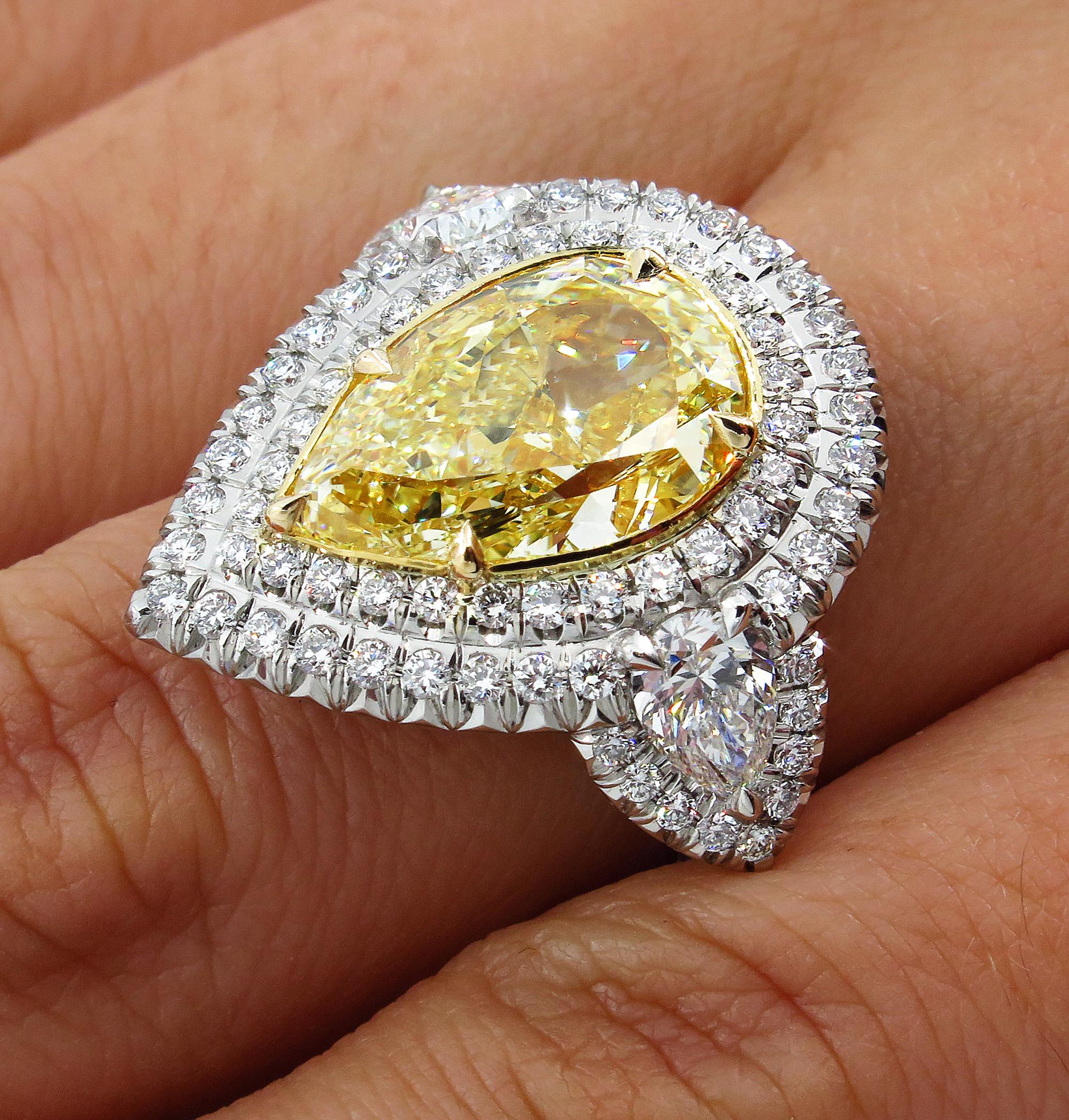 GIA 7.66 Carat Estate Fancy Yellow Pear Diamond Engagement Ring Plat Yellow Gold 6