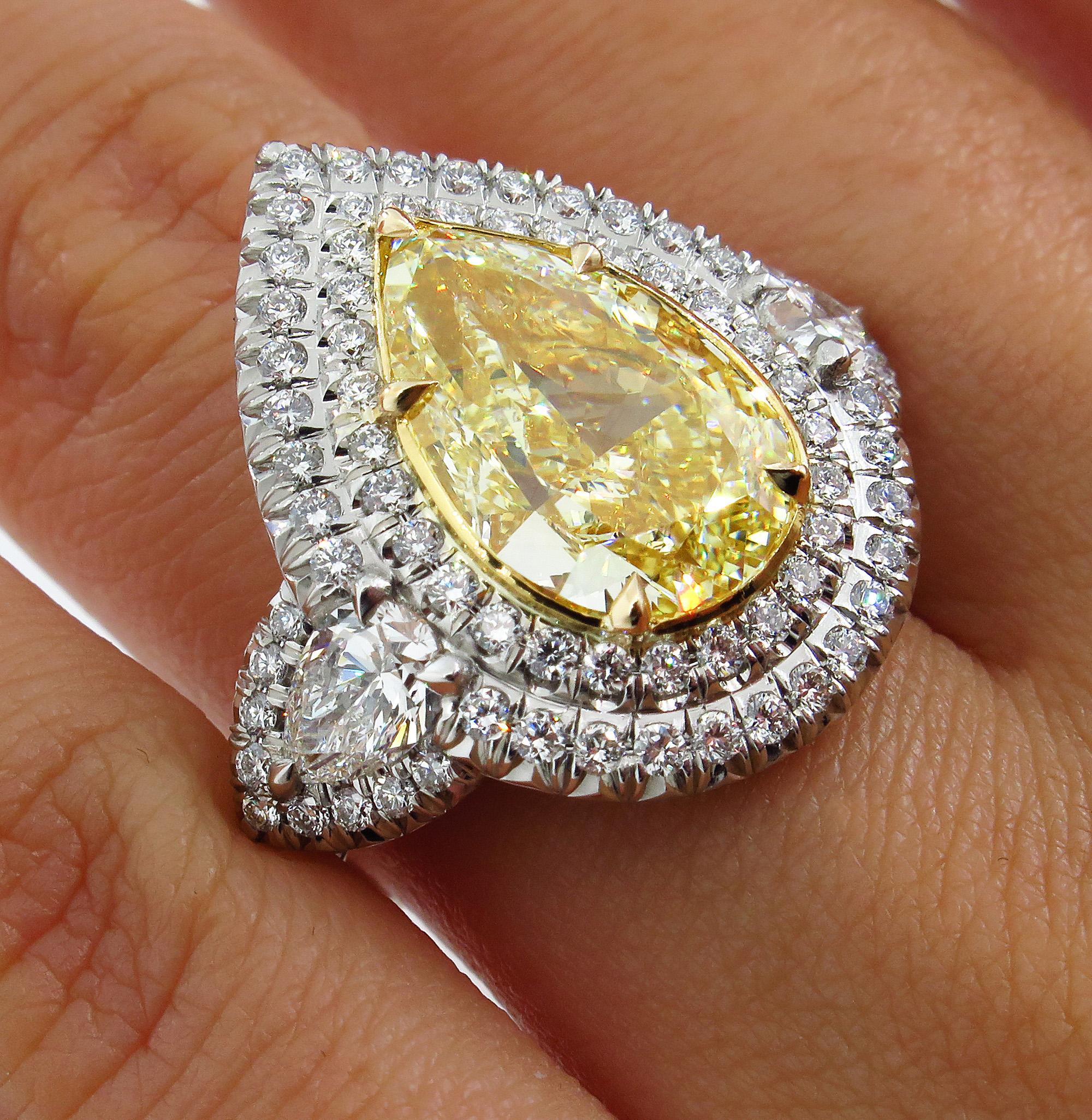 GIA 7.66 Carat Estate Fancy Yellow Pear Diamond Engagement Ring Plat Yellow Gold 7