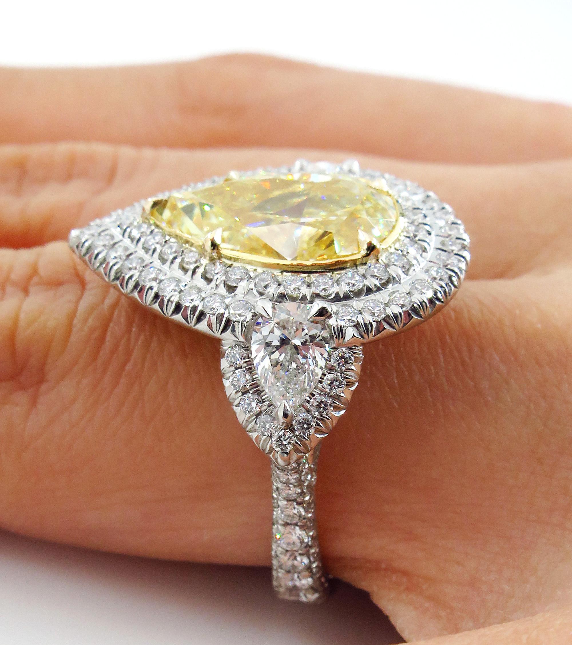 GIA 7.66 Carat Estate Fancy Yellow Pear Diamond Engagement Ring Plat Yellow Gold 9