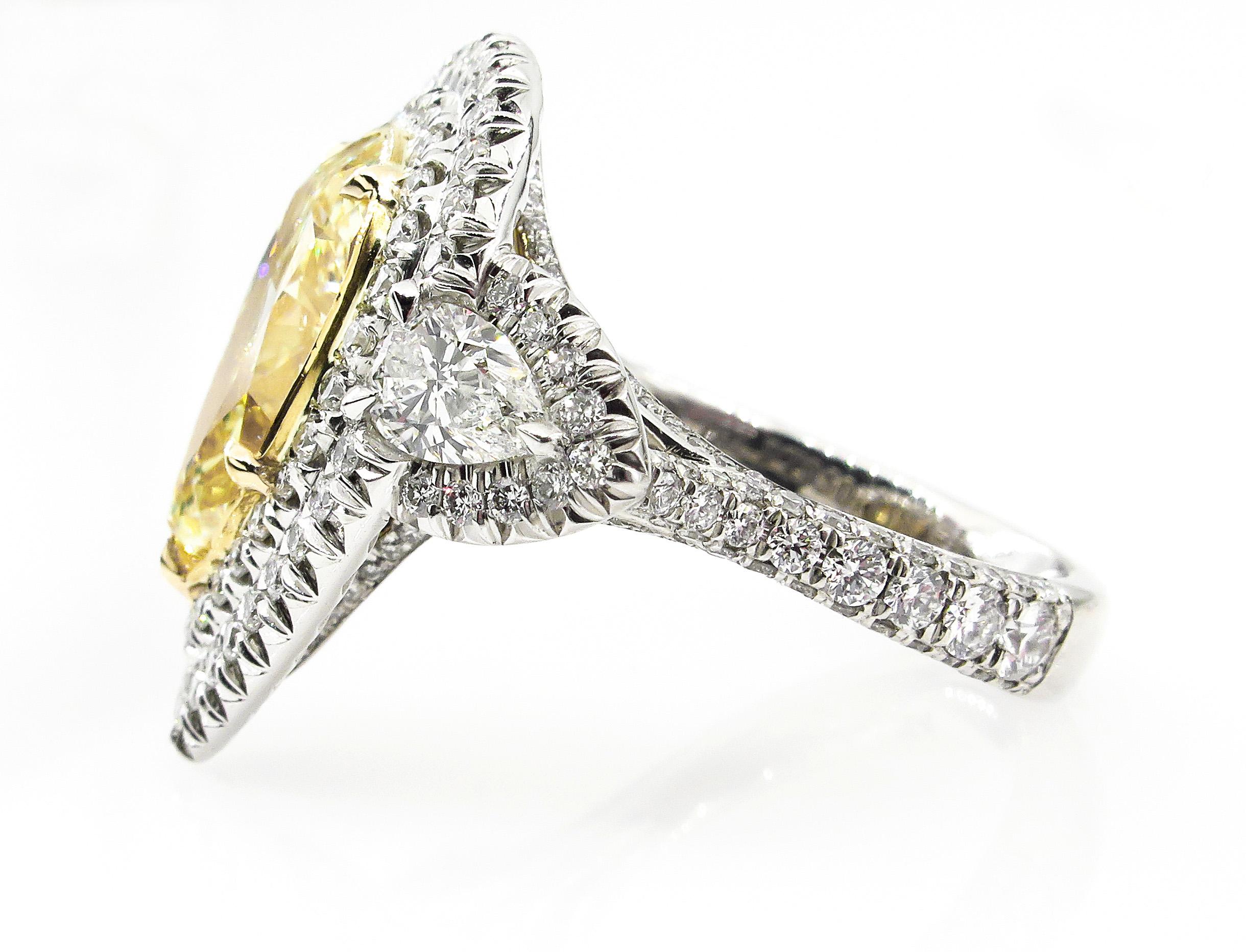 Pear Cut GIA 7.66 Carat Estate Fancy Yellow Pear Diamond Engagement Ring Plat Yellow Gold