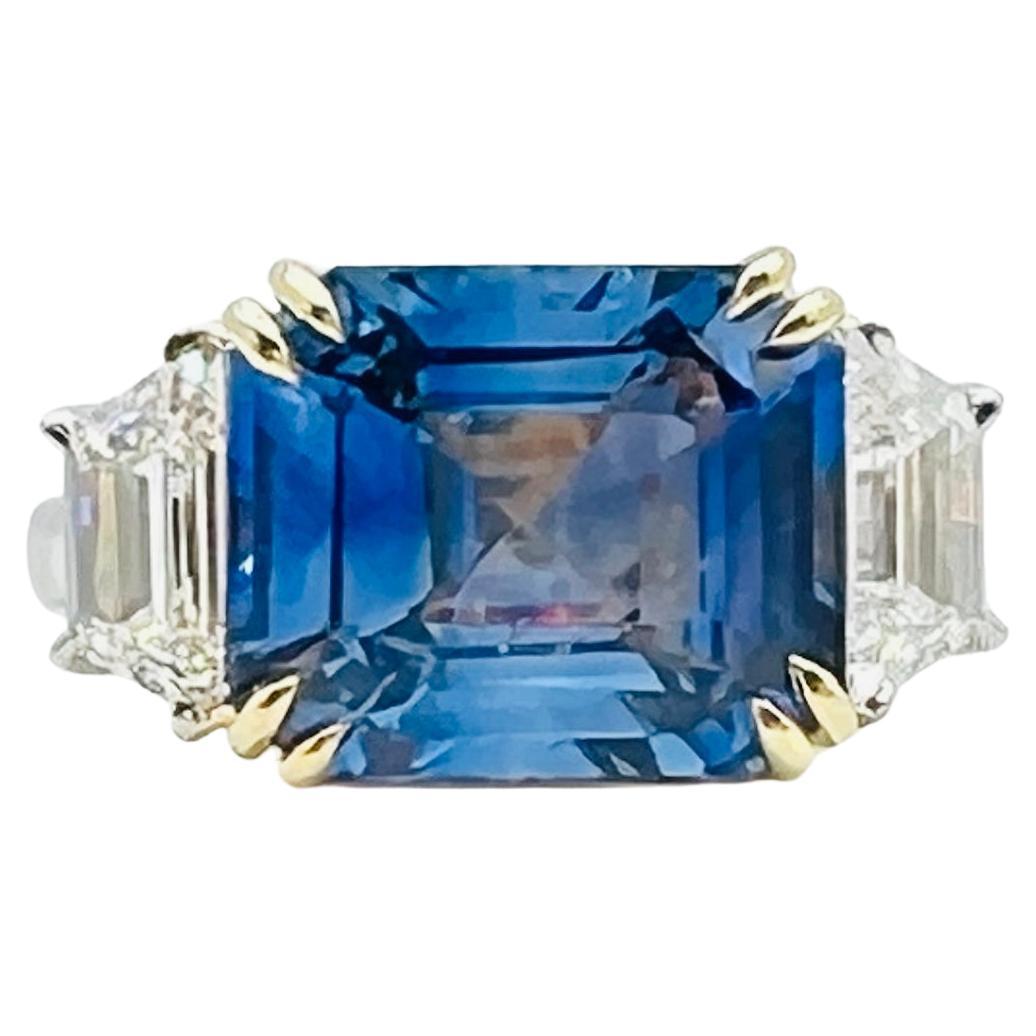GIA 8 Carat No Heat Sri Lanka Blue Sapphire Octagon 
Trapezoid Diamond Ring For Sale