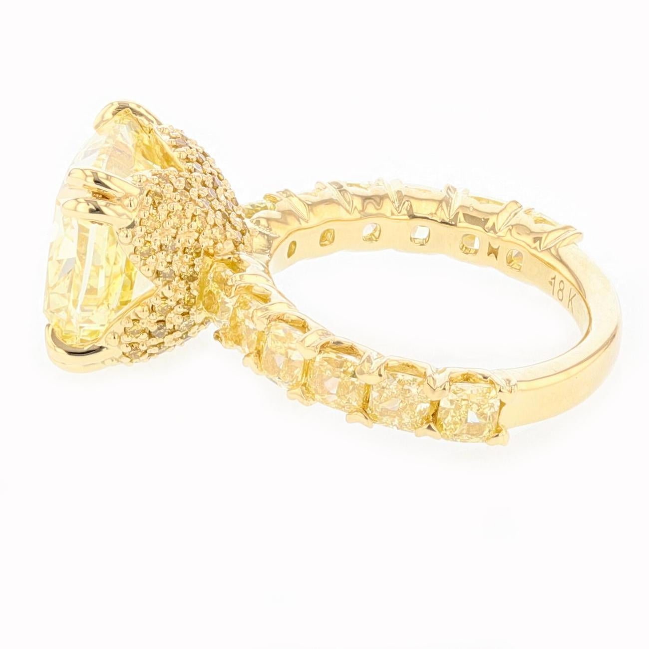 Modern GIA 8.03 Fancy Yellow Cushion Diamond 18k Yellow Gold 2.99ct Diamond Ring For Sale