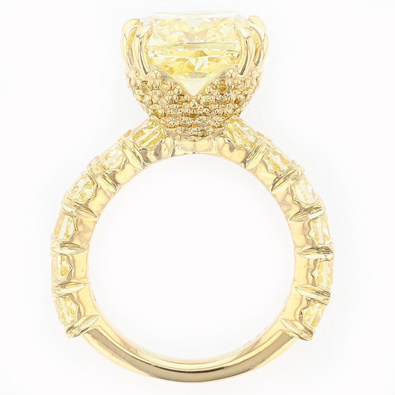 GIA 8.03 Fancy Yellow Cushion Diamond 18k Yellow Gold 2.99ct Diamond Ring In New Condition For Sale In Houston, TX