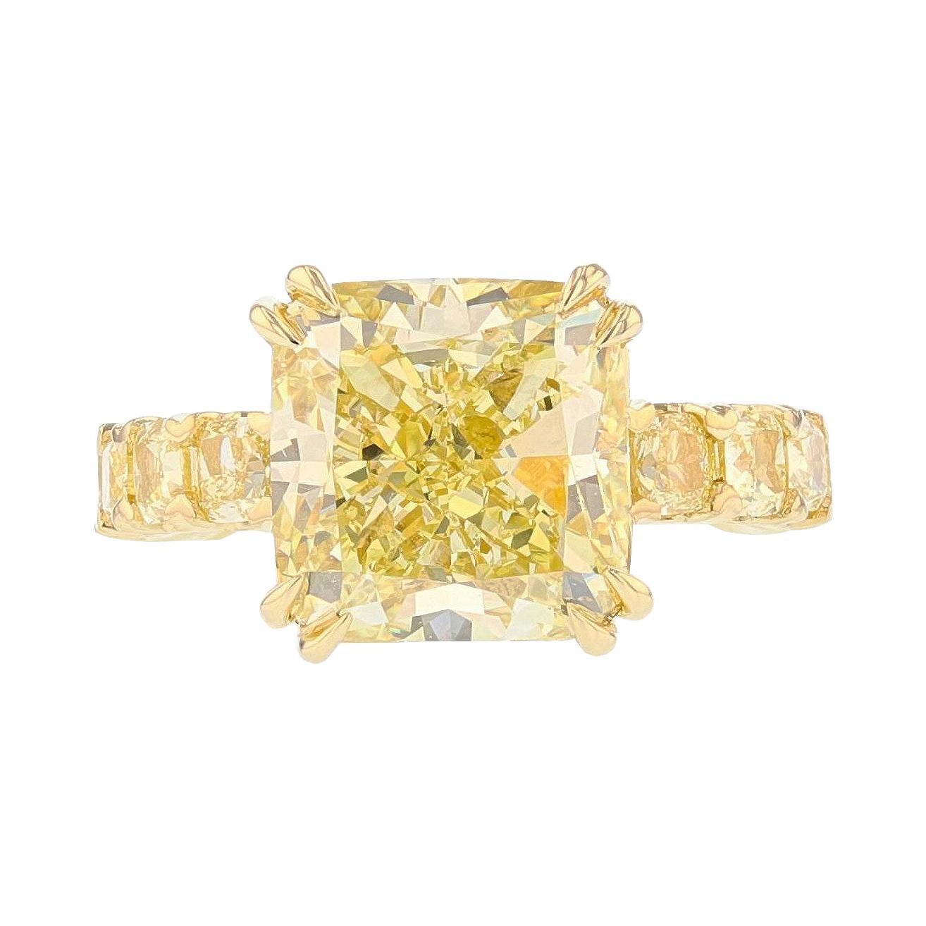 GIA 8.03 Fancy Yellow Cushion Diamond 18k Yellow Gold 2.99ct Diamond Ring For Sale