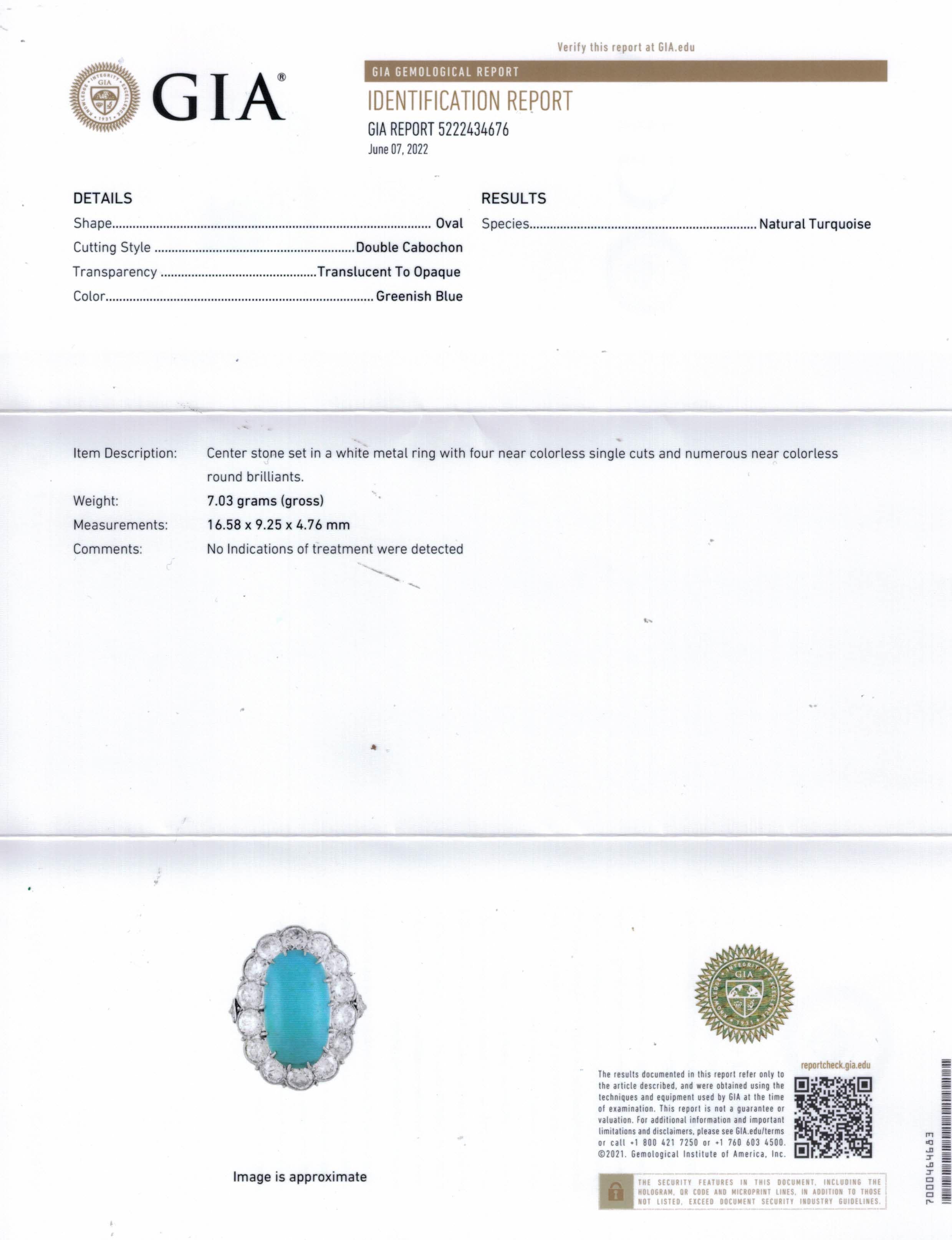 Platin-Cluster-Ring, natürlicher unbehandelter GIA 8,0 Karatw Art Deco Türkis Diamant Platin  (Art déco)