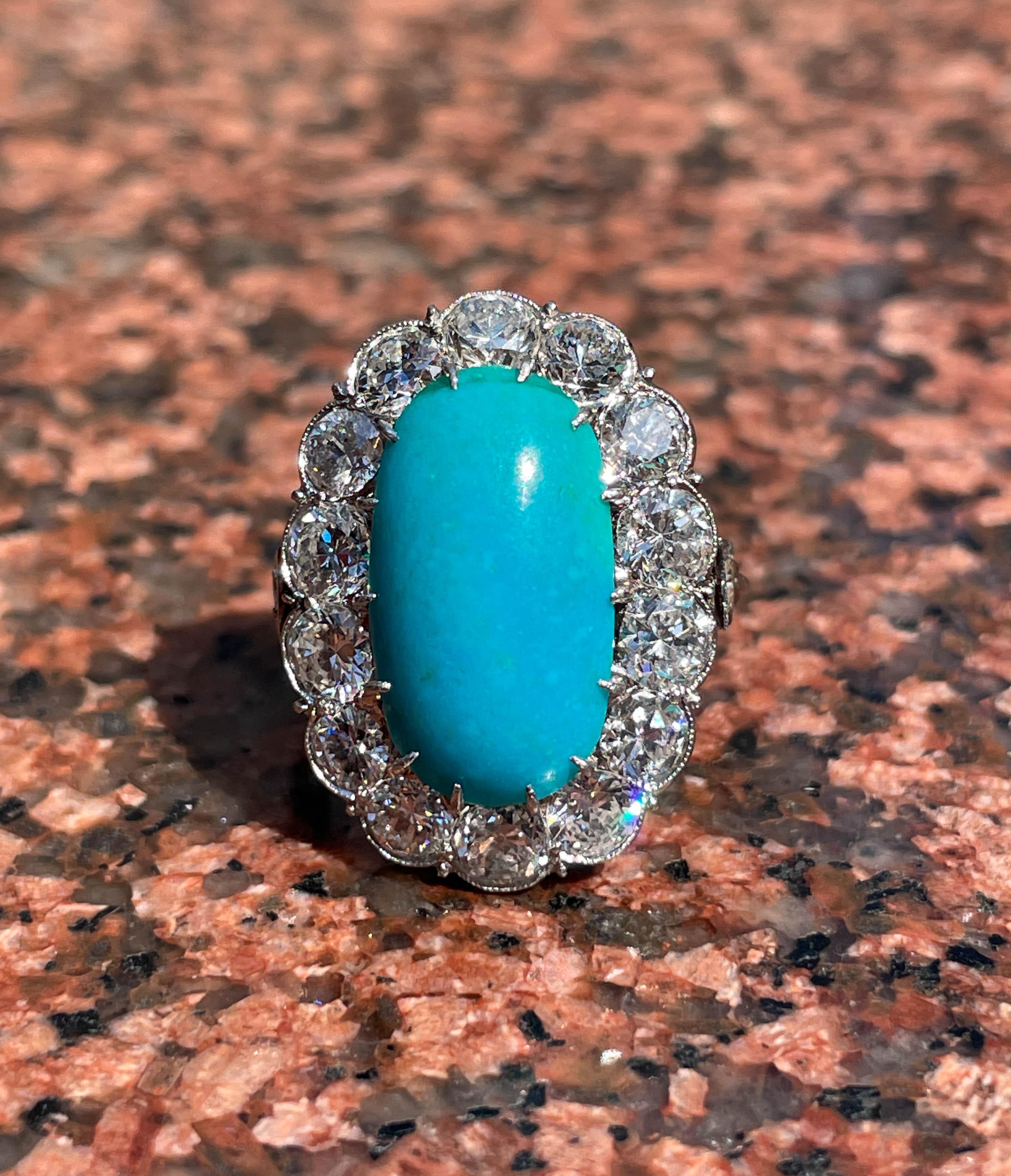 Bague grappe Art déco en platine avec turquoise naturelle non traitée GIA 8,0 carats  3