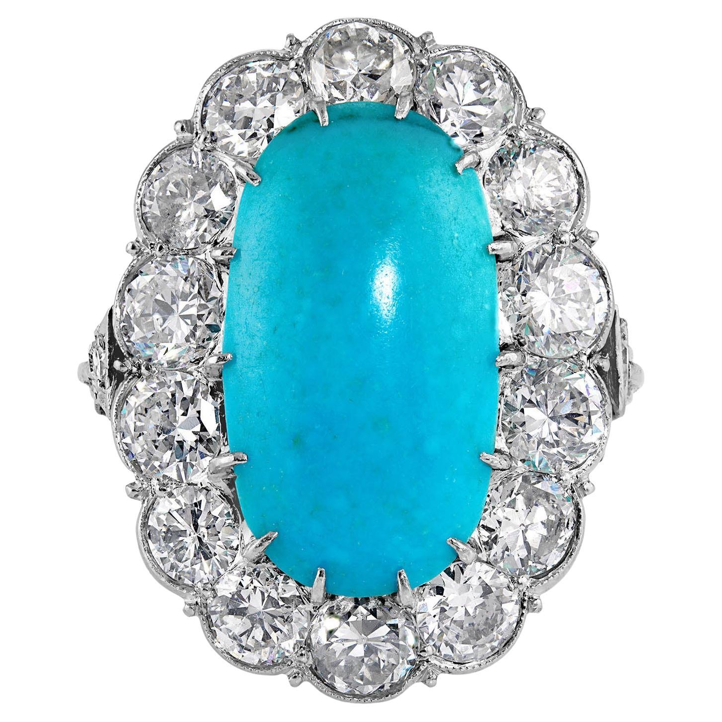 Natural Untreated GIA 8.0ctw Art Deco Turquoise Diamond Platinum Cluster Ring 