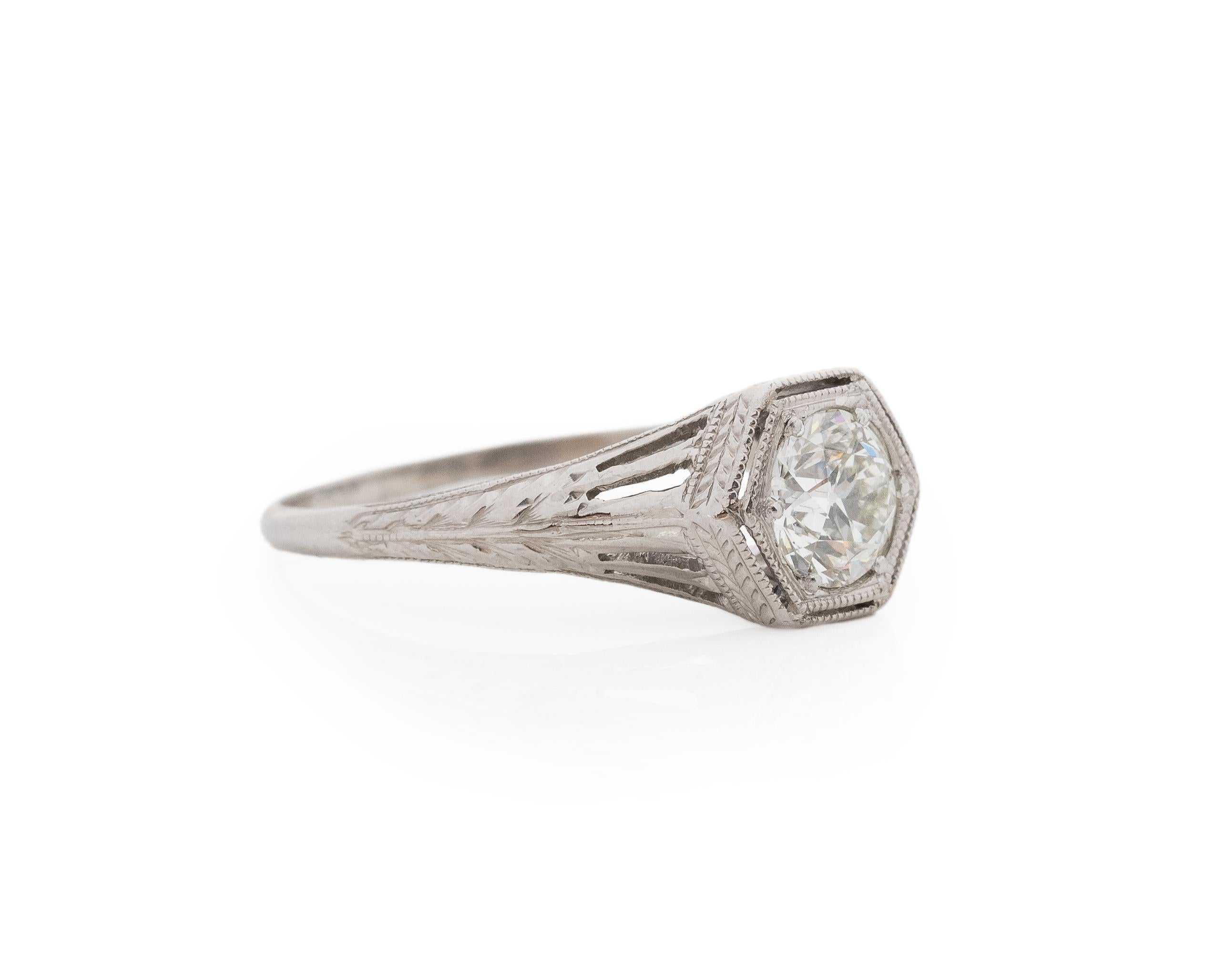 Year: 1920s

Item Details:
Ring Size: 7.5
Metal Type: Platinum [Hallmarked, and Tested]
Weight: 2.8. grams

Center Diamond Details:

GIA Report#:7235080688
Weight: .82ct total weight
Cut: Old European brilliant
Color: J
Clarity: SI1
Type: