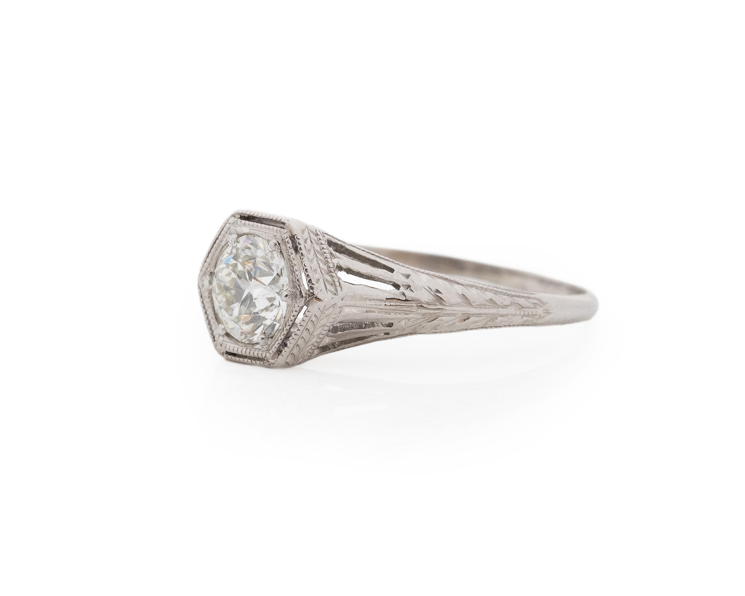 Old European Cut GIA .82 Carat Total Weight Art Deco Diamond Platinum Engagement Ring For Sale