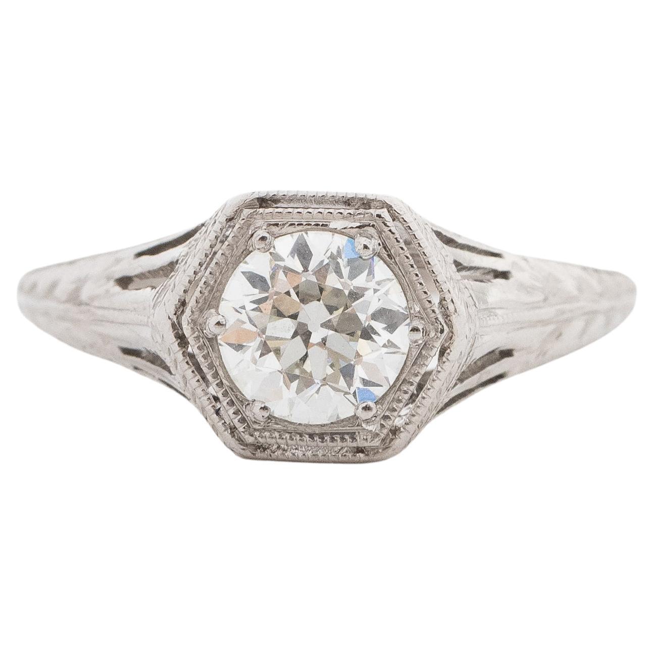 GIA .82 Carat Total Weight Art Deco Diamond Platinum Engagement Ring For Sale