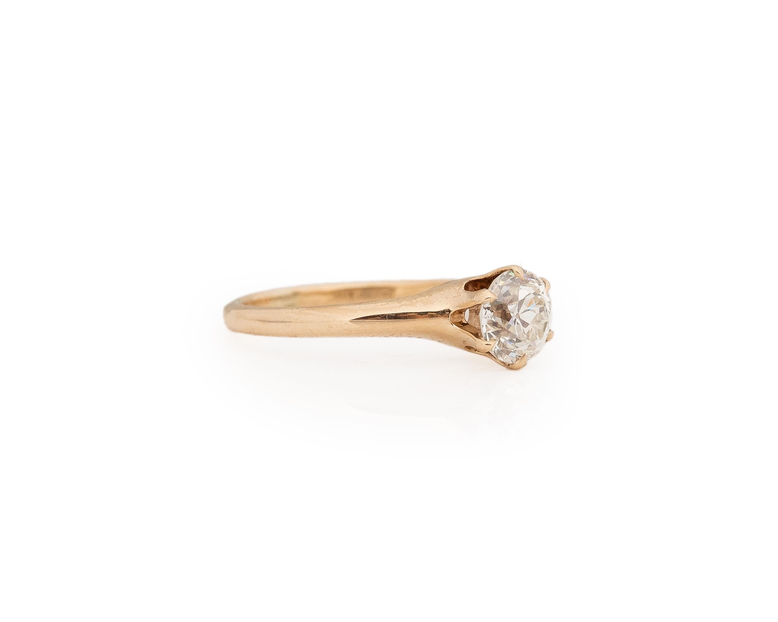 Year: 1900s

Item Details:
Ring Size: 5
Metal Type: 14K Yellow Gold [Hallmarked, and Tested]
Weight: 2.2 grams

Diamond Details:

GIA Report#:5231074874
Weight: 82ct total weight
Cut: Old European brilliant
Color: J
Clarity: SI1
Type: