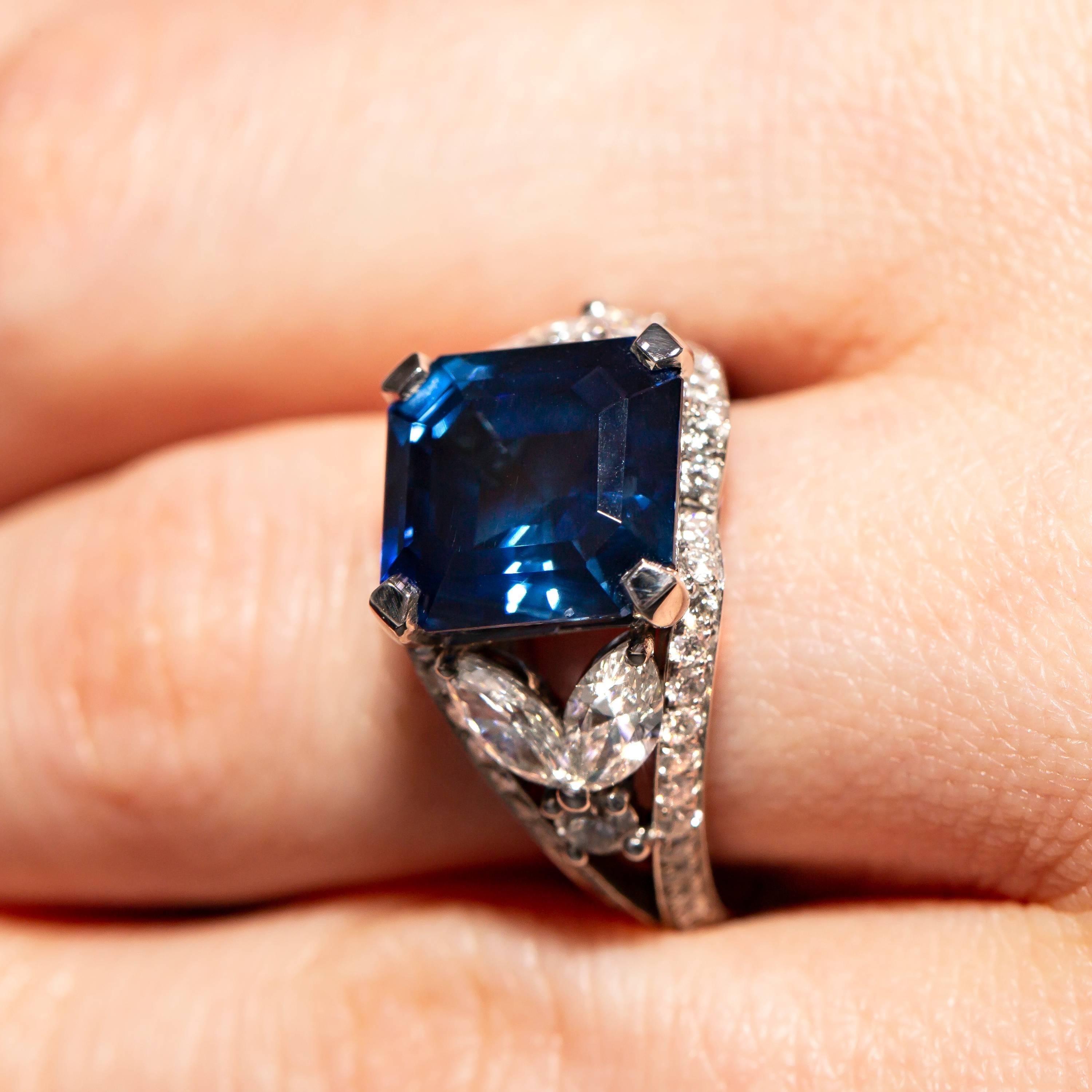 GIA 8.20 Carat Certified Blue Sapphire 2.13 Carat White Diamond Platinum Ring For Sale 6