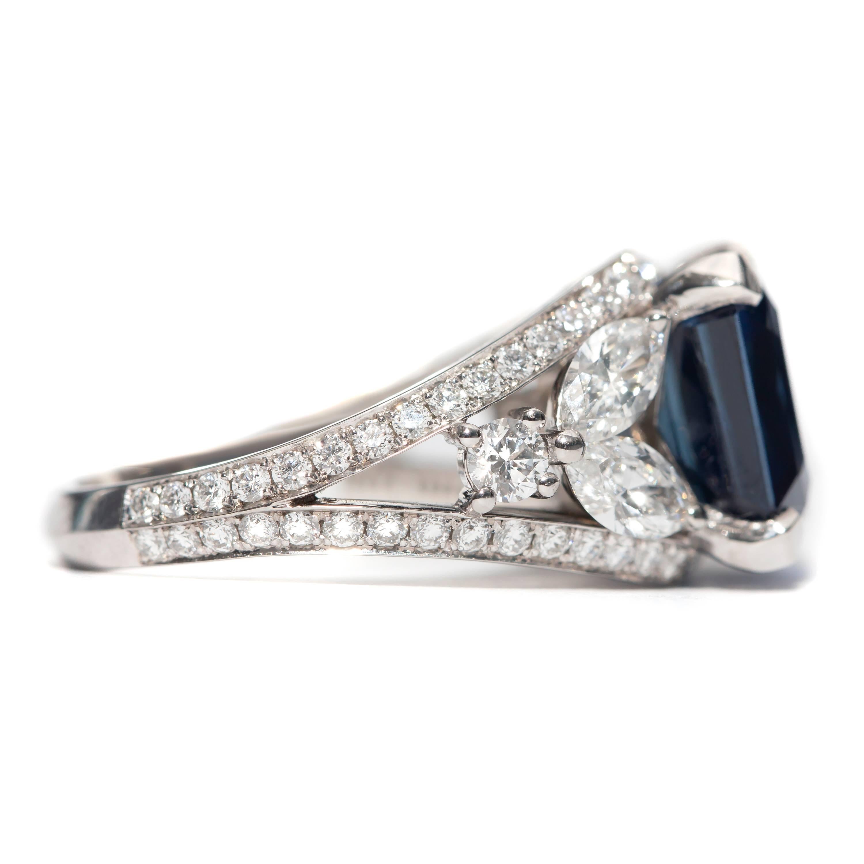 Modern GIA 8.20 Carat Certified Blue Sapphire 2.13 Carat White Diamond Platinum Ring For Sale