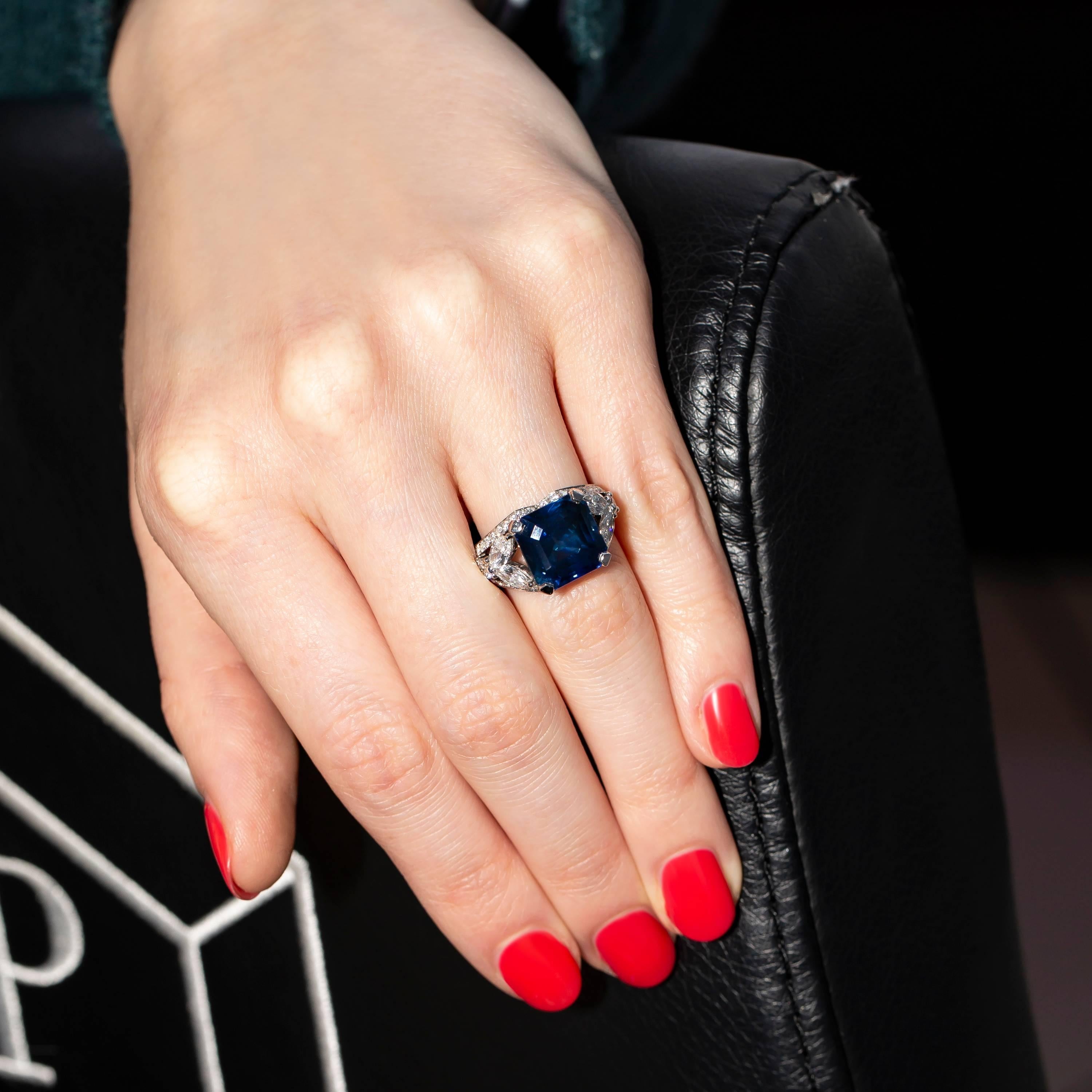 Women's GIA 8.20 Carat Certified Blue Sapphire 2.13 Carat White Diamond Platinum Ring For Sale