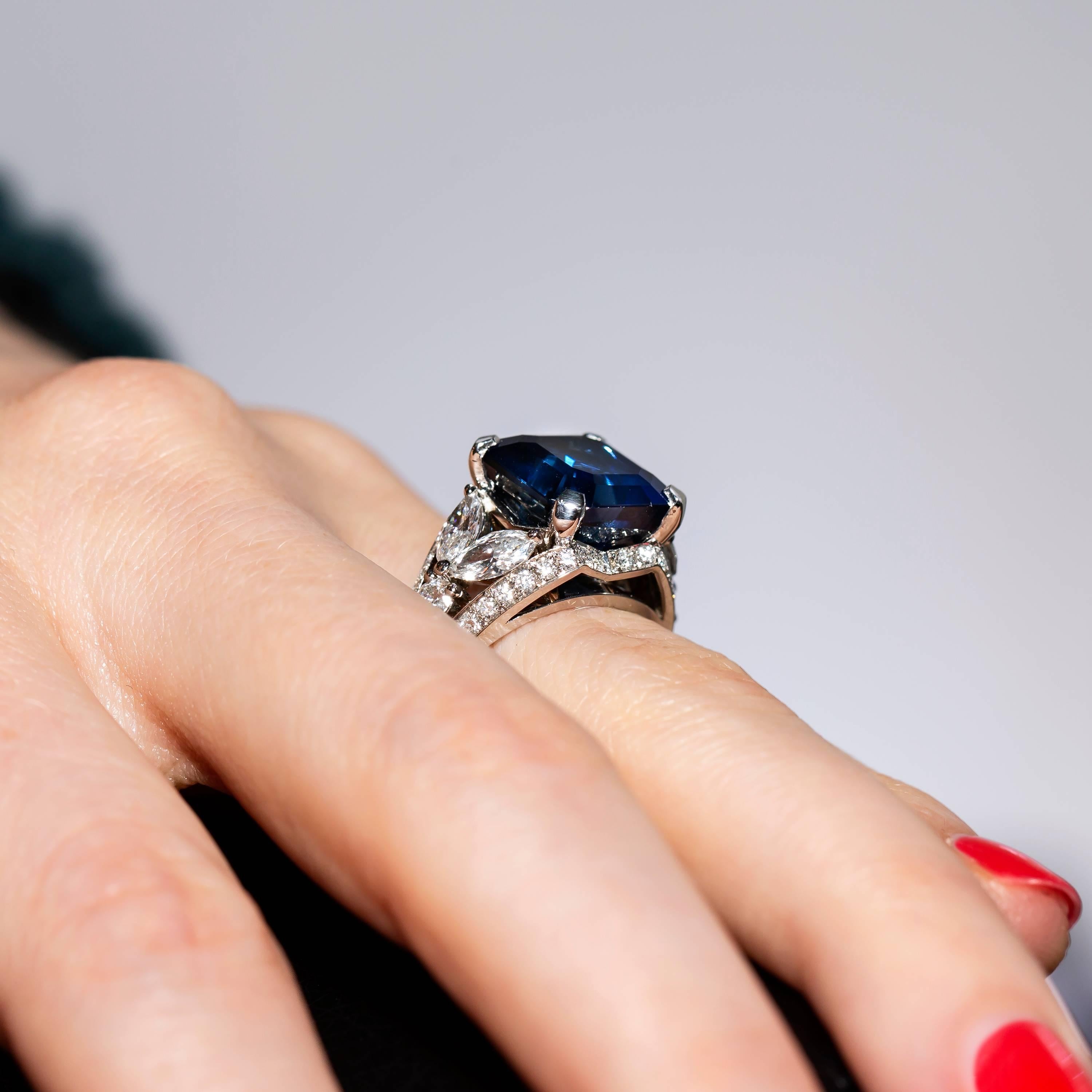 GIA 8.20 Carat Certified Blue Sapphire 2.13 Carat White Diamond Platinum Ring For Sale 3