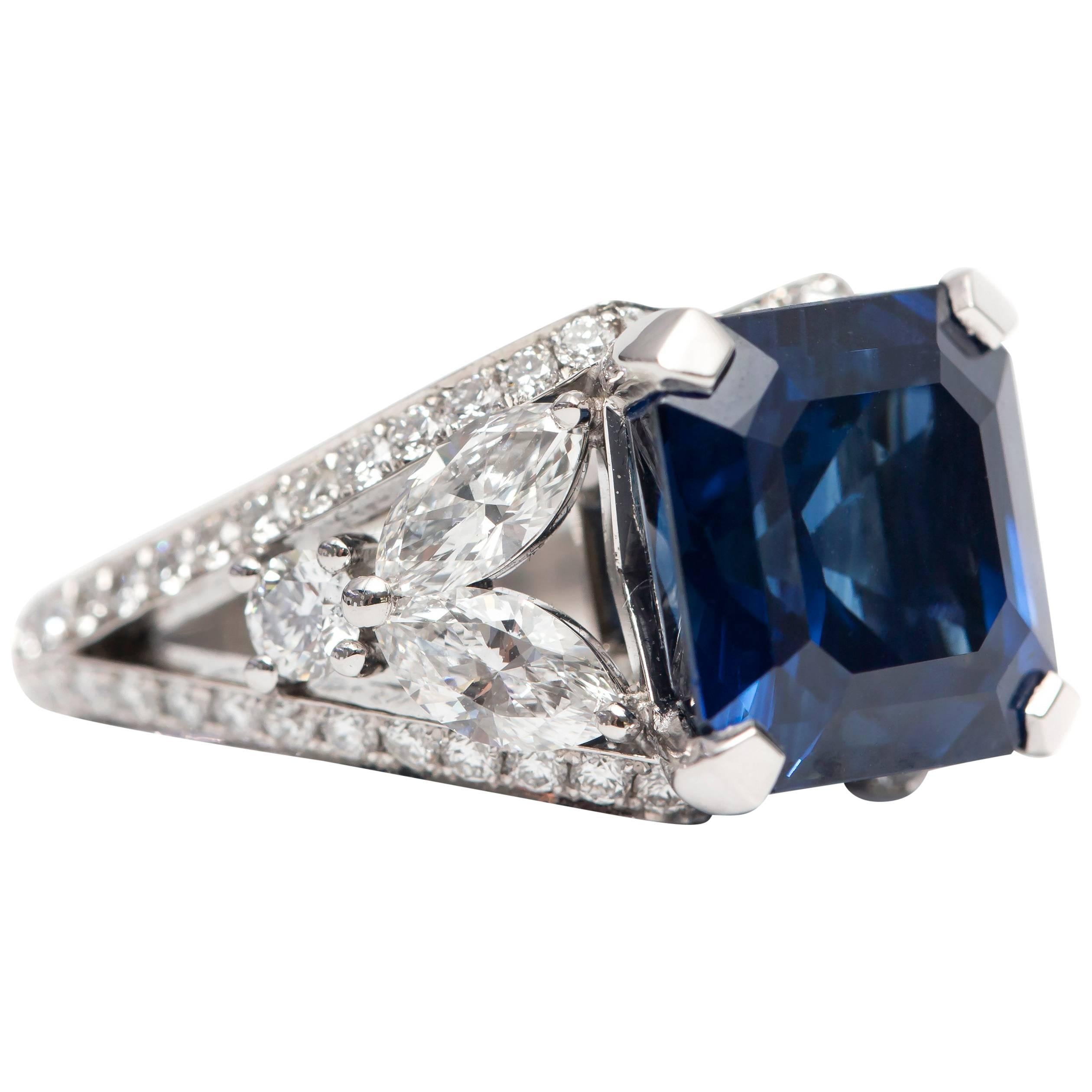 GIA 8.20 Carat Certified Blue Sapphire 2.13 Carat White Diamond Platinum Ring For Sale