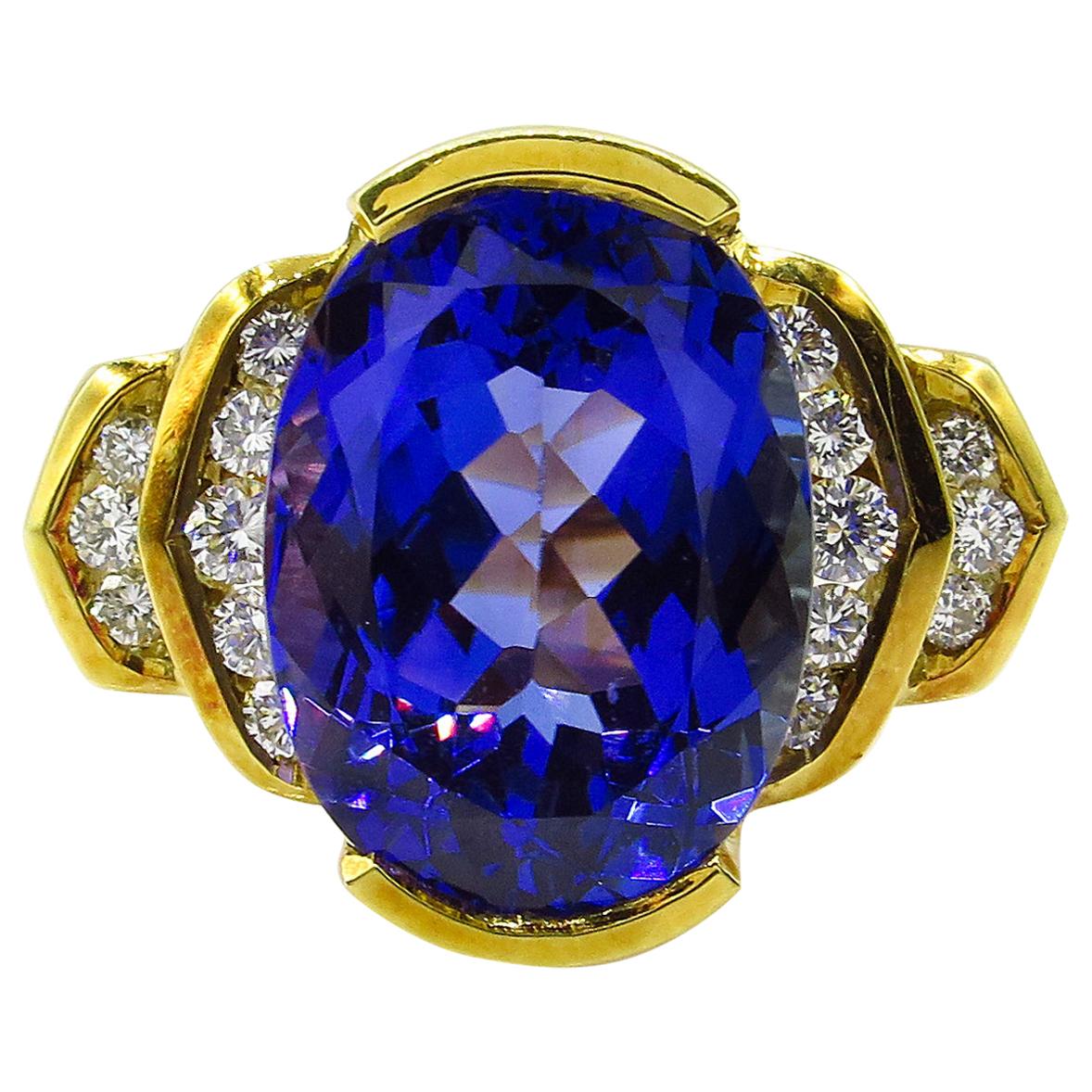 GIA 8.20 Carat Vintage Tanzanite Diamond Engagement Wedding Yellow Gold Ring