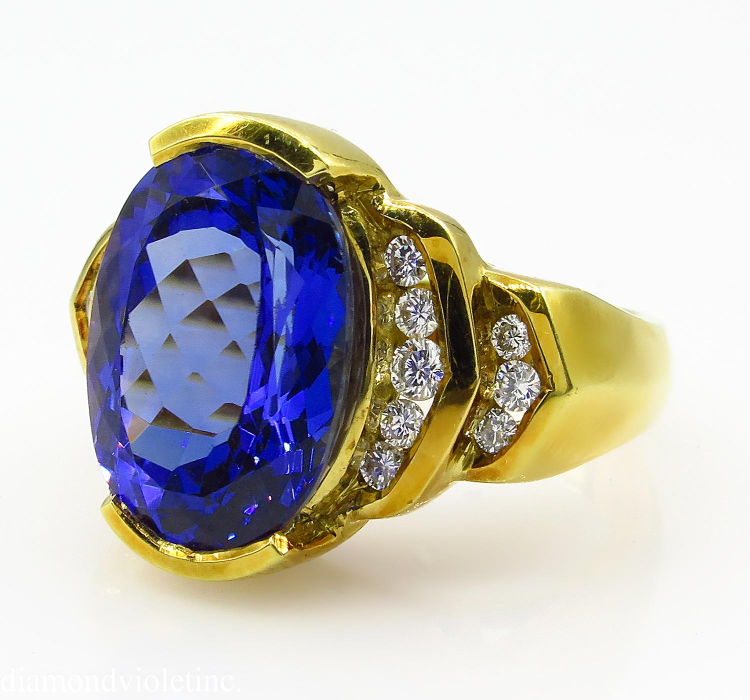 This breathtakingly beautiful Vintage NATURAL Tanzanite and Diamond Engagement Anniversary Ring crafted in rich 18K Yellow Gold (stamped) dazzles Beautiful GIA Certified NATURAL Oval Shape Tanzanite in Deep Blue-Violet color; approx. estimated as