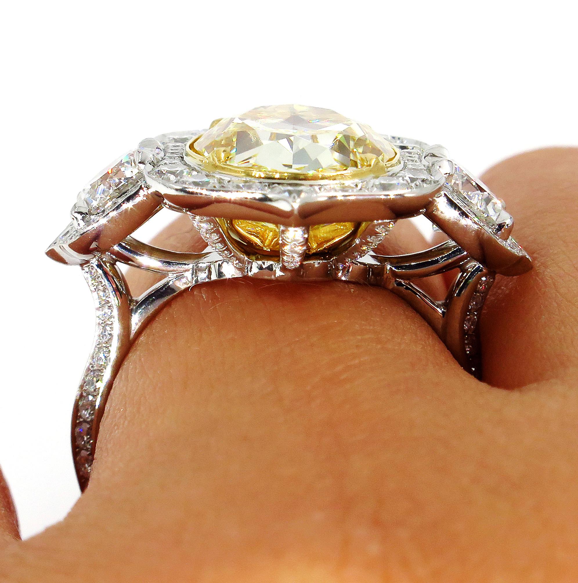 GIA 8.22 Carat Fancy Yellow Oval Diamond 3-Stone Engagement Platinum Ring 6