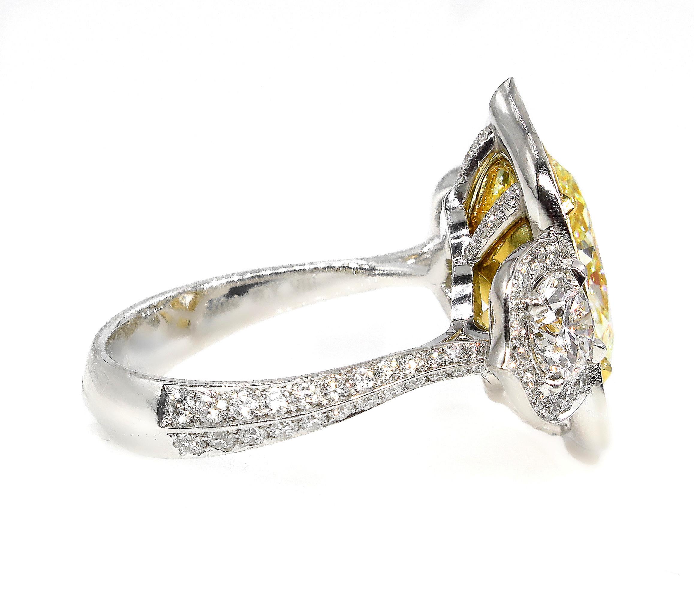 Women's GIA 8.22 Carat Fancy Yellow Oval Diamond 3-Stone Engagement Platinum Ring
