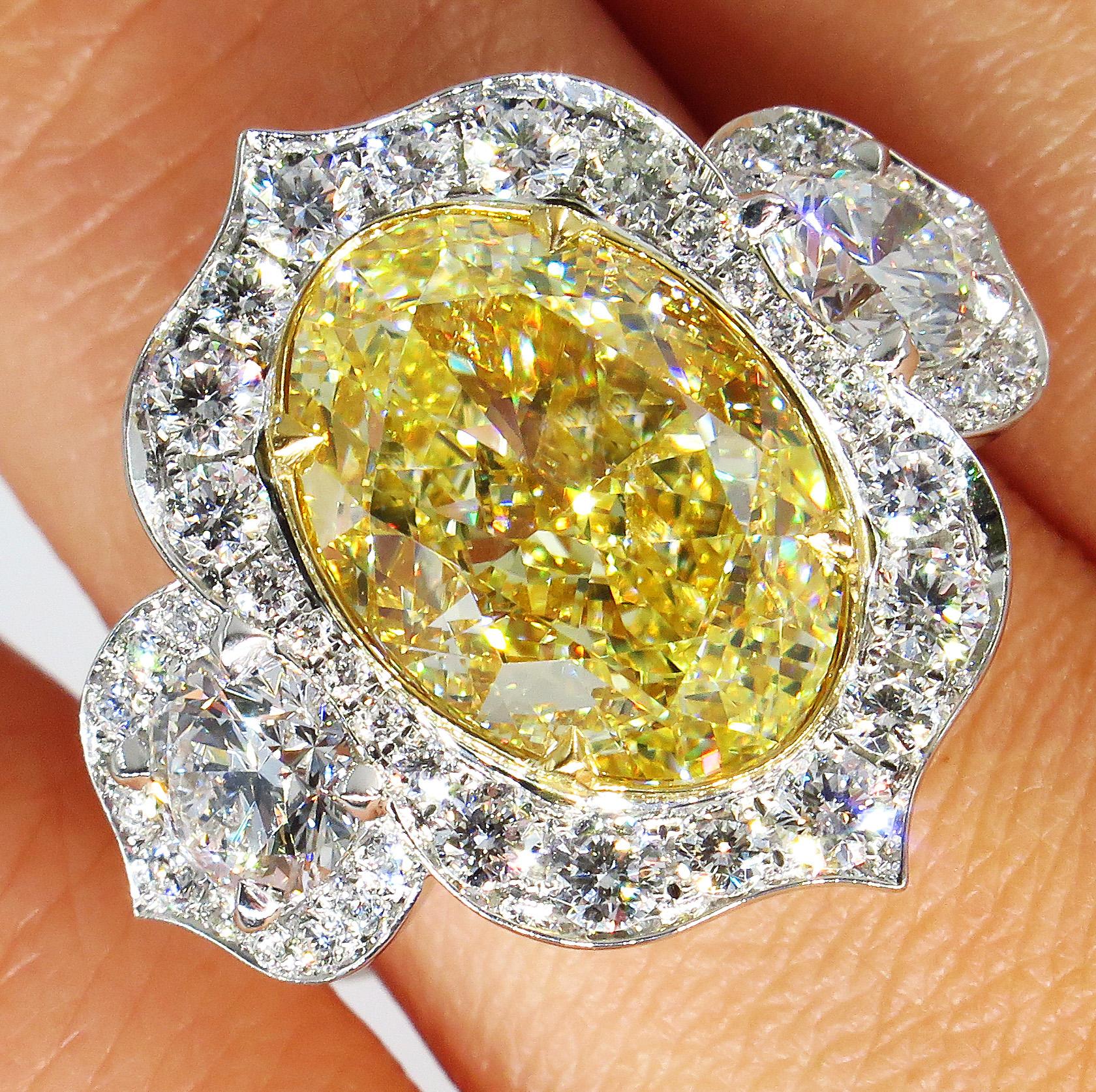 GIA 8.22 Carat Fancy Yellow Oval Diamond 3-Stone Engagement Platinum Ring 2