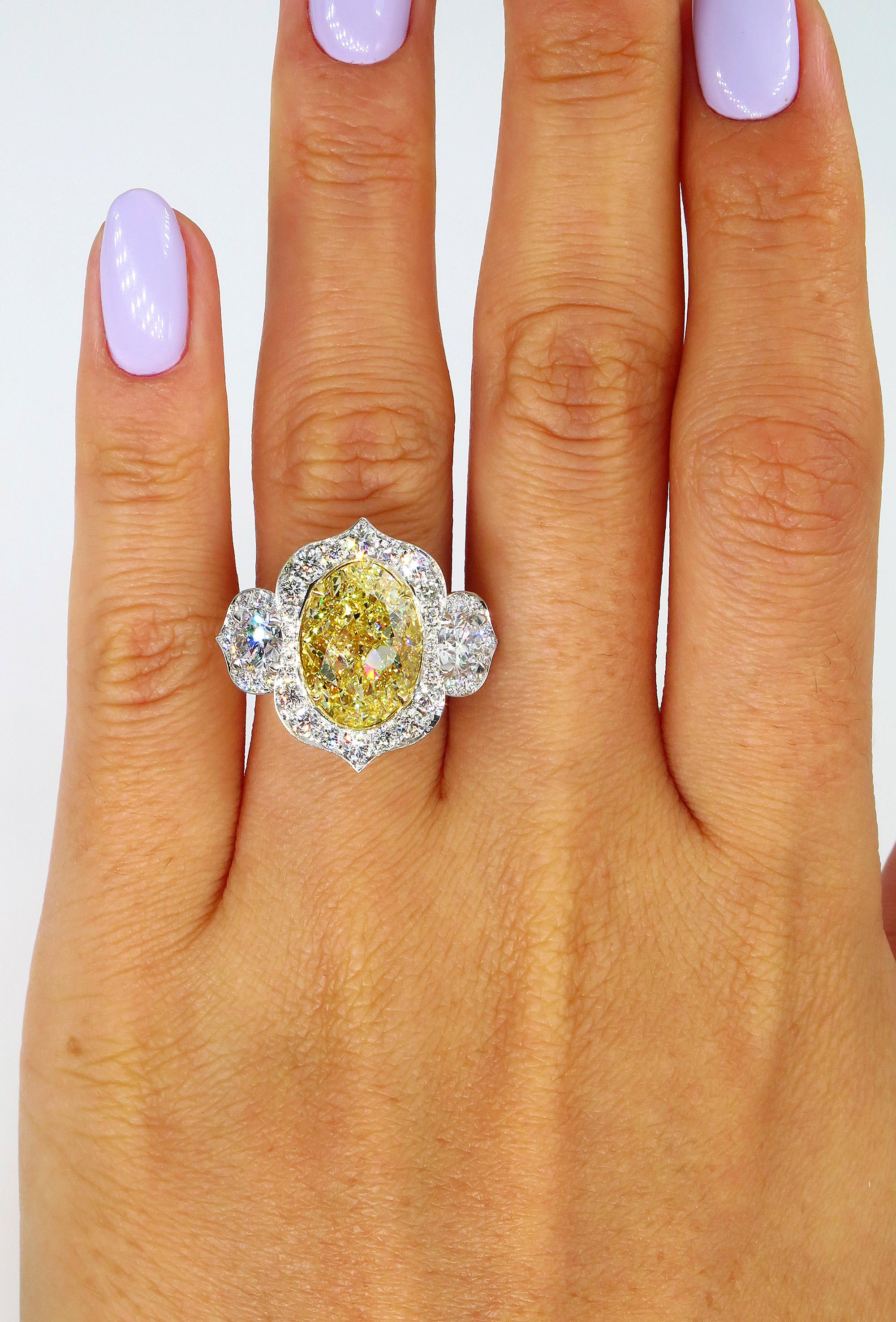 GIA 8.22 Carat Fancy Yellow Oval Diamond 3-Stone Engagement Platinum Ring 3