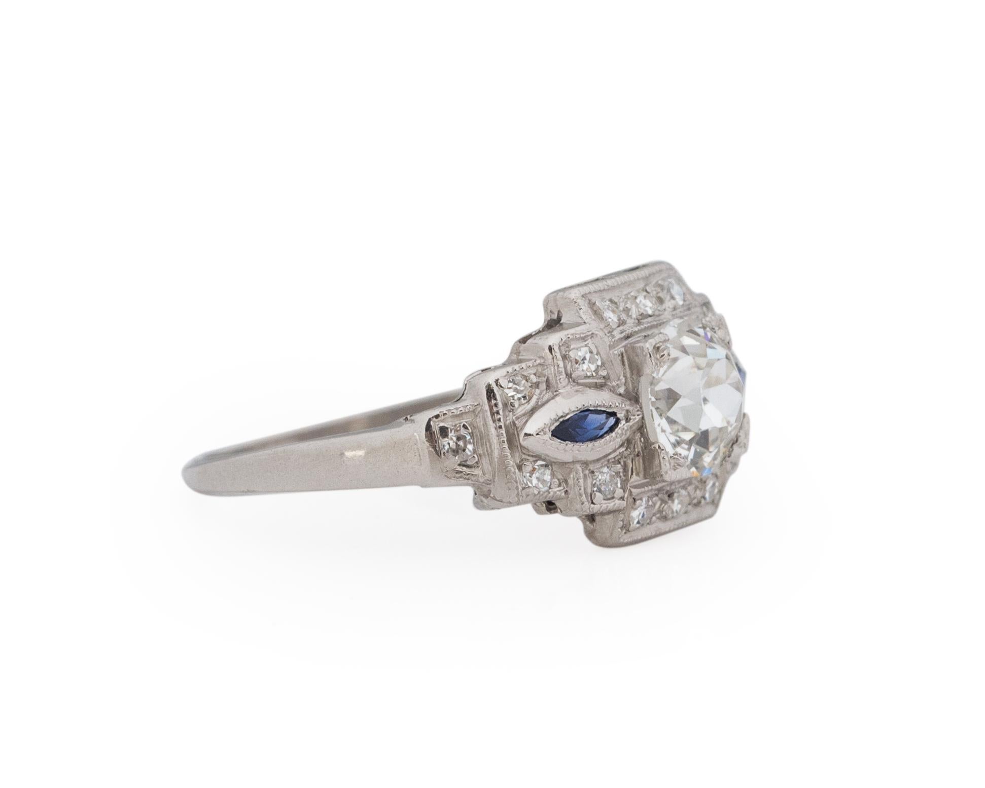 Ring Size: 6.75
Metal Type: Platinum [Hallmarked, and Tested]
Weight: 3.5 grams

Center Diamond Details:
GIA REPORT #: 5212696278
Weight: .85carat
Cut: Old European brilliant
Color: I
Clarity: VS2
Measurements: 5.82mm x 5.79mm x 3.70mm

Side Stone