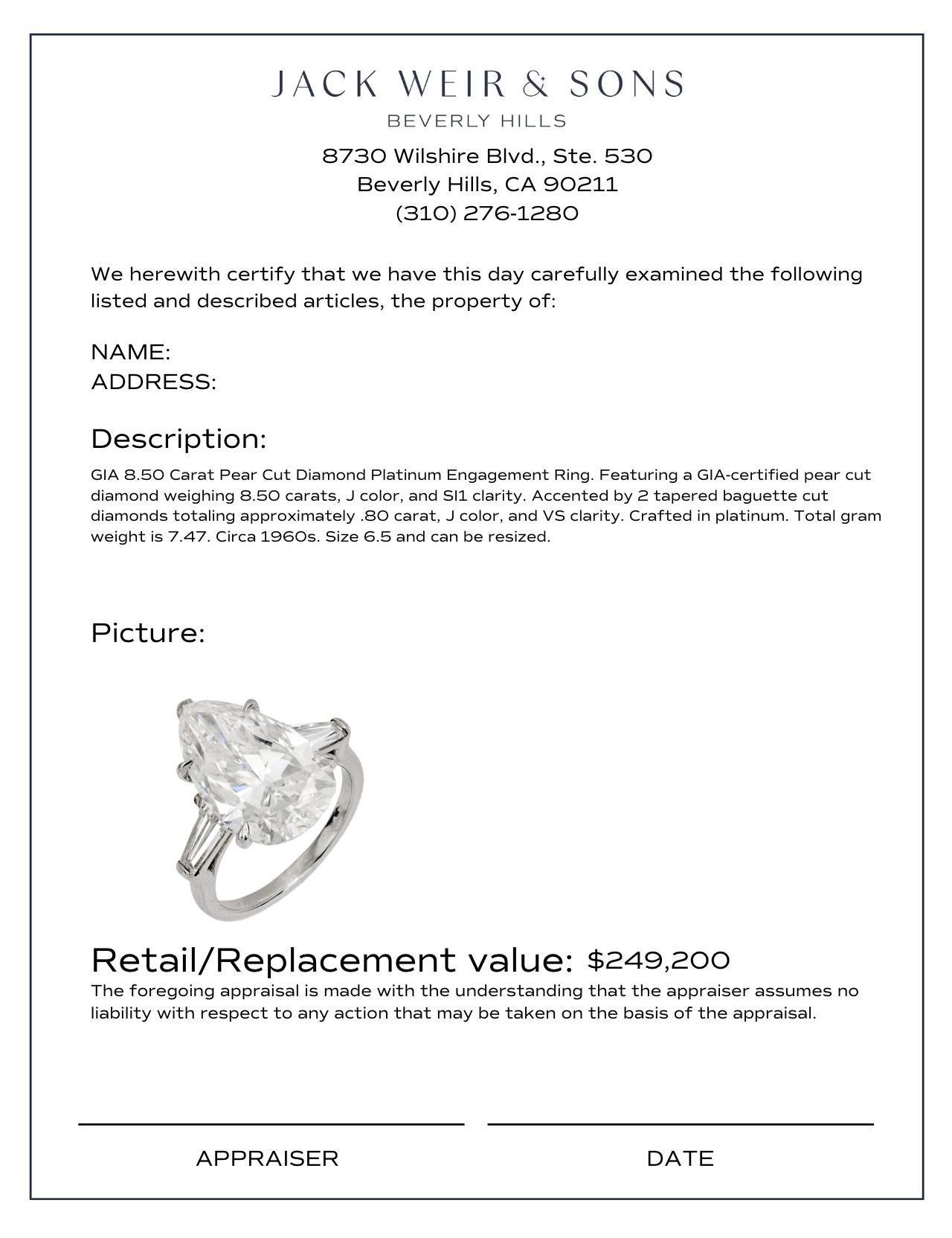 GIA 8.50 carat pear cut diamond platinum engagement ring For Sale 1