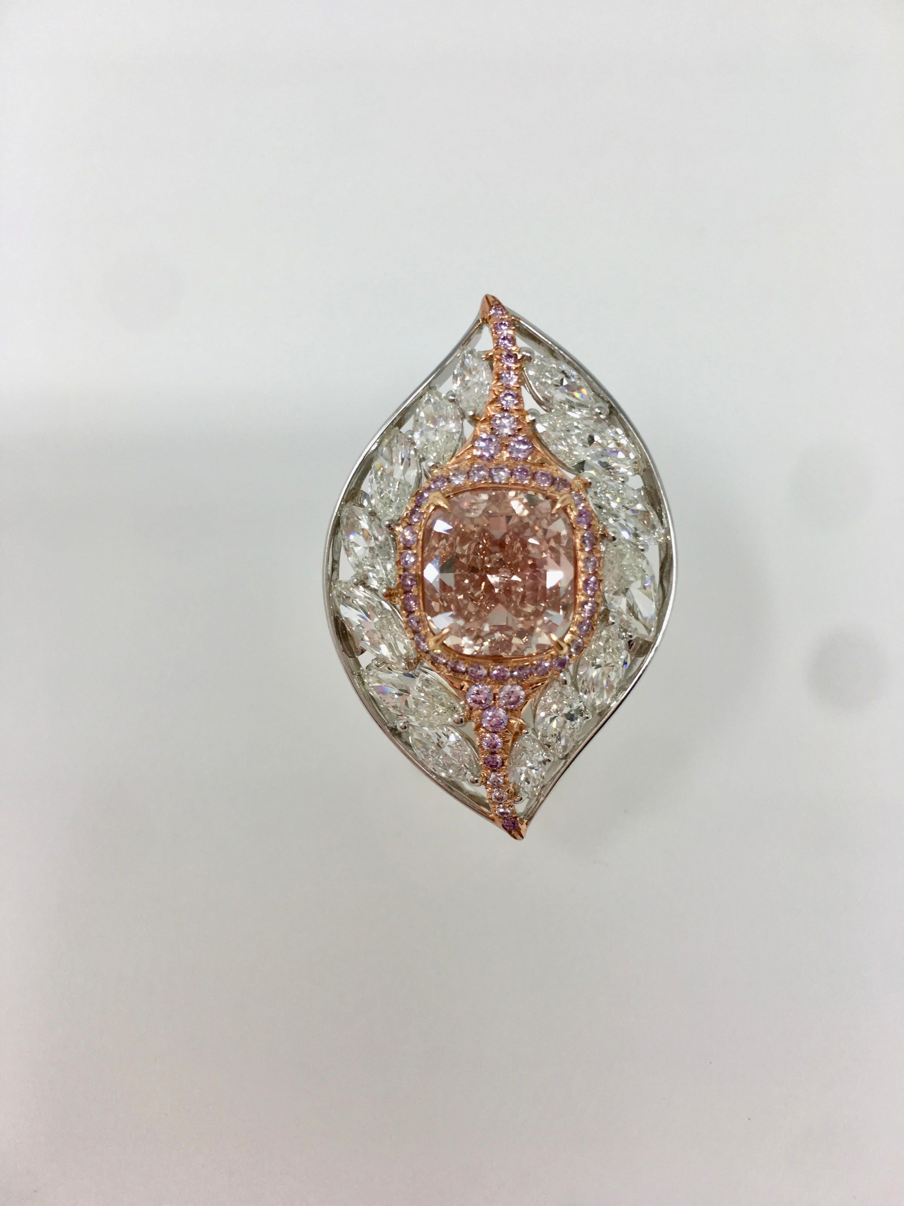 Contemporary GIA 4.10 Carat Fancy Brownish Orangy Pink Cushion Brilliant IF Ring in 18 Karat For Sale