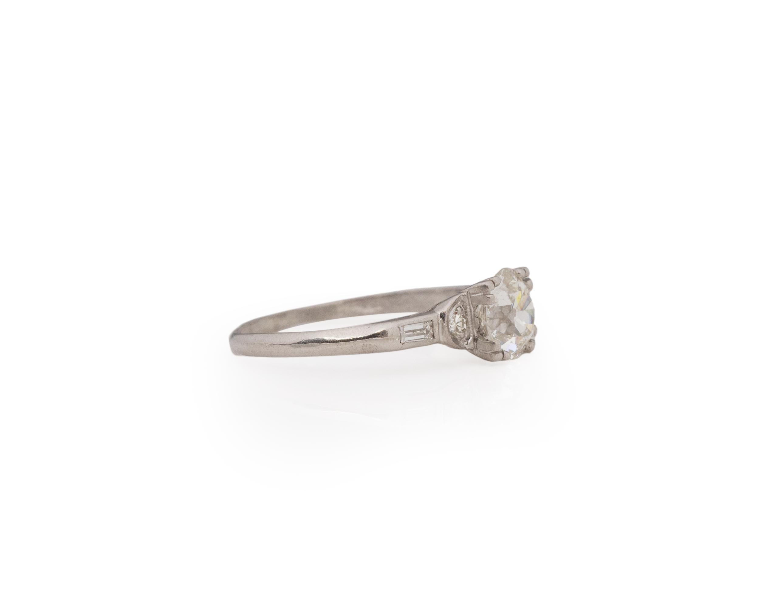 Ring Size: 5.75
Metal Type: Platinum [Hallmarked, and Tested]
Weight: 2.31 grams

Center Diamond Details:
GIA REPORT #:6227025543
Weight: .87ct
Cut: Old European brilliant
Color: J
Clarity: VS2
Measurements: 6.25mm x 6.00mm x 3.61mm

Finger to Top
