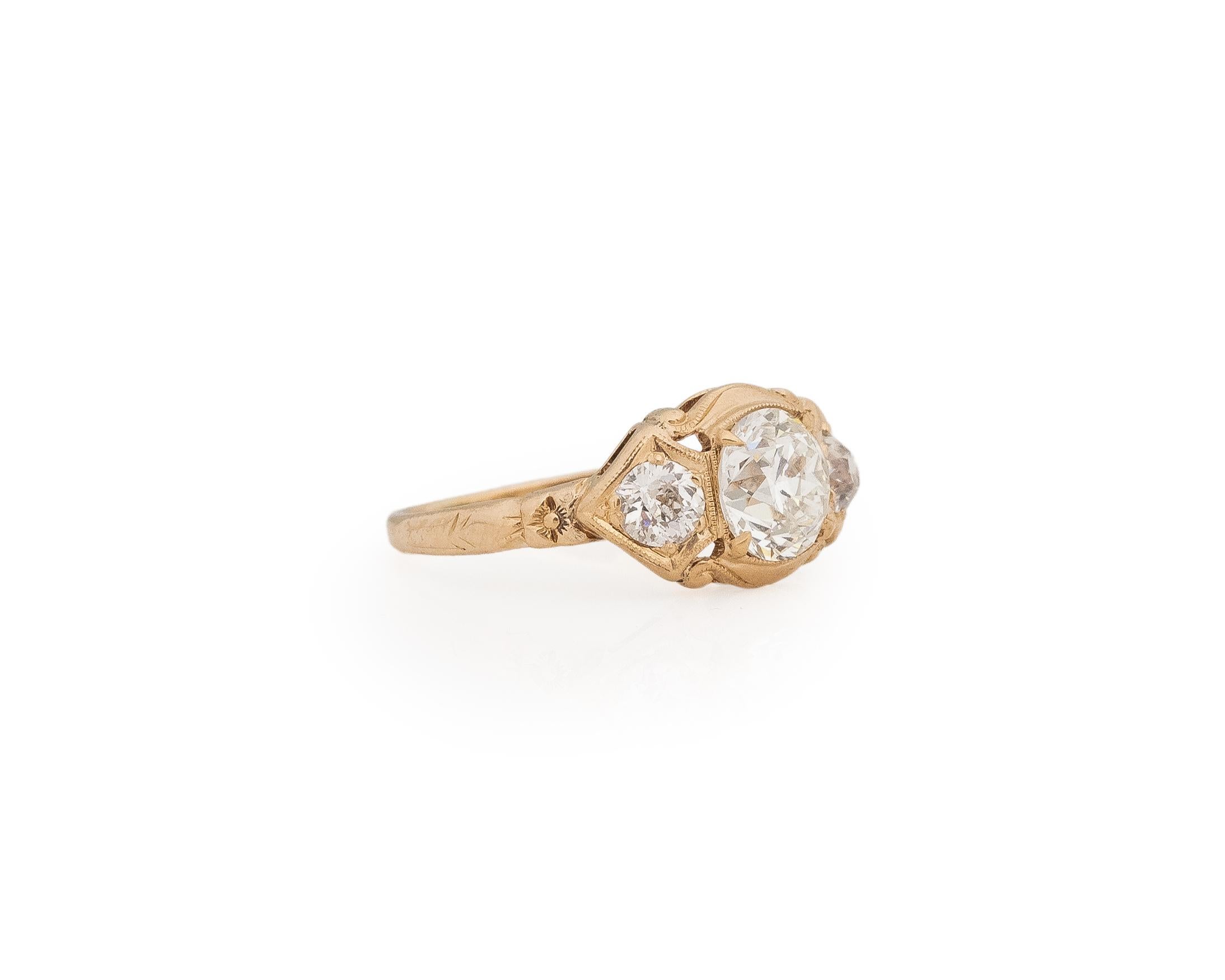 Year: 1910s

Item Details:
Ring Size: 4
Metal Type: 14K Yellow Gold [Hallmarked, and Tested]
Weight: 1.8 grams

Diamond Details:

GIA Report#: 2223834079
Weight: .87ct total weight
Cut: Old European brilliant
Color: G
Clarity: SI1
Type: