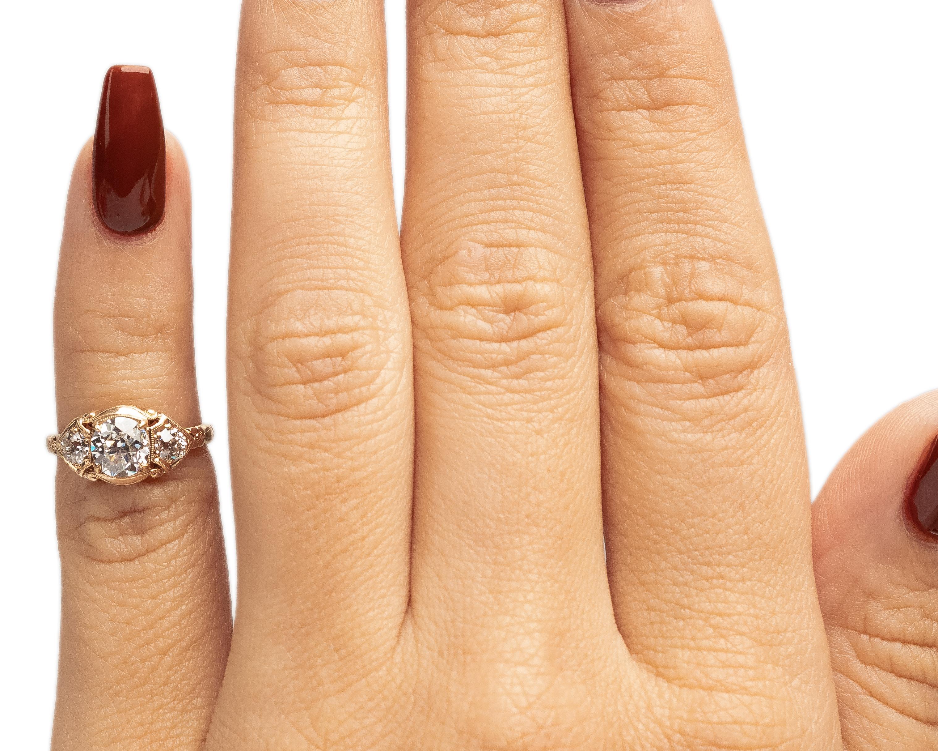 Women's GIA .87 Carat Total Weight Edwardian Diamond 14Karat Yellow Gold Engagement Ring For Sale