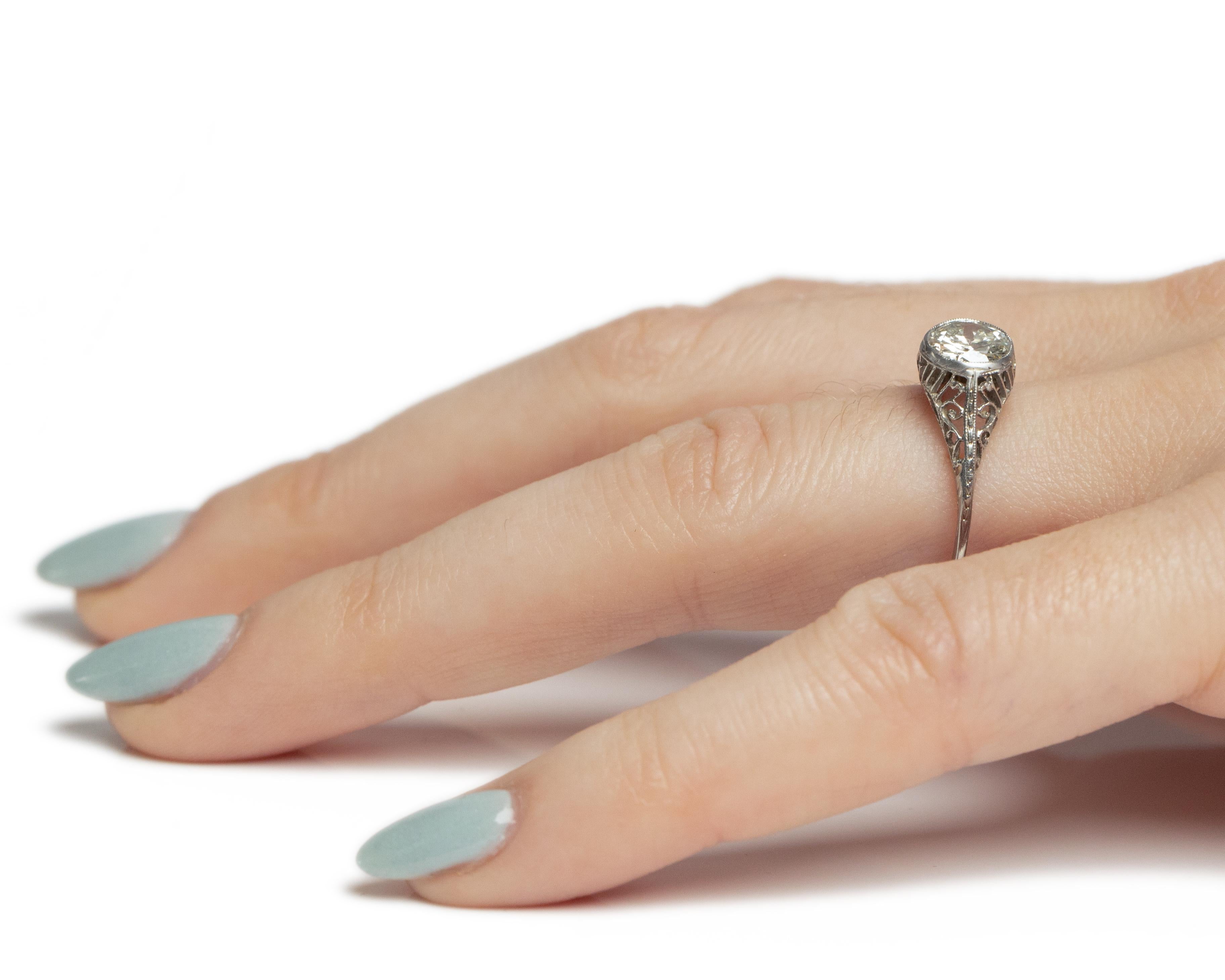 GIA .88 Carat Art Deco Diamond 18 Karat White Gold Engagement Ring In Good Condition For Sale In Atlanta, GA
