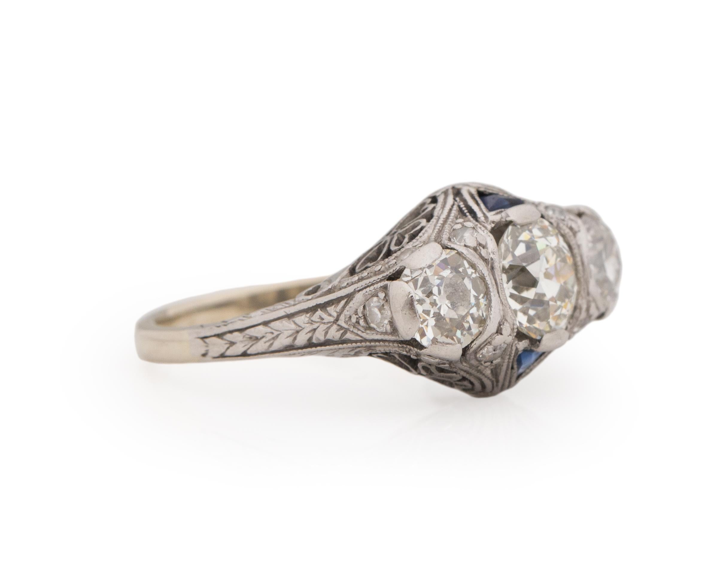 Ring Size: 5.75
Metal Type: Platinum [Hallmarked, and Tested]
Weight: 4.2 grams

Diamond Details:
GIA REPORT #: 2221416553
Weight: .88ct
Cut: Old European brilliant
Color: K
Clarity: VVS2
Measurements: 6.14mm x 5.94mm x 3.85mm

Side Diamond