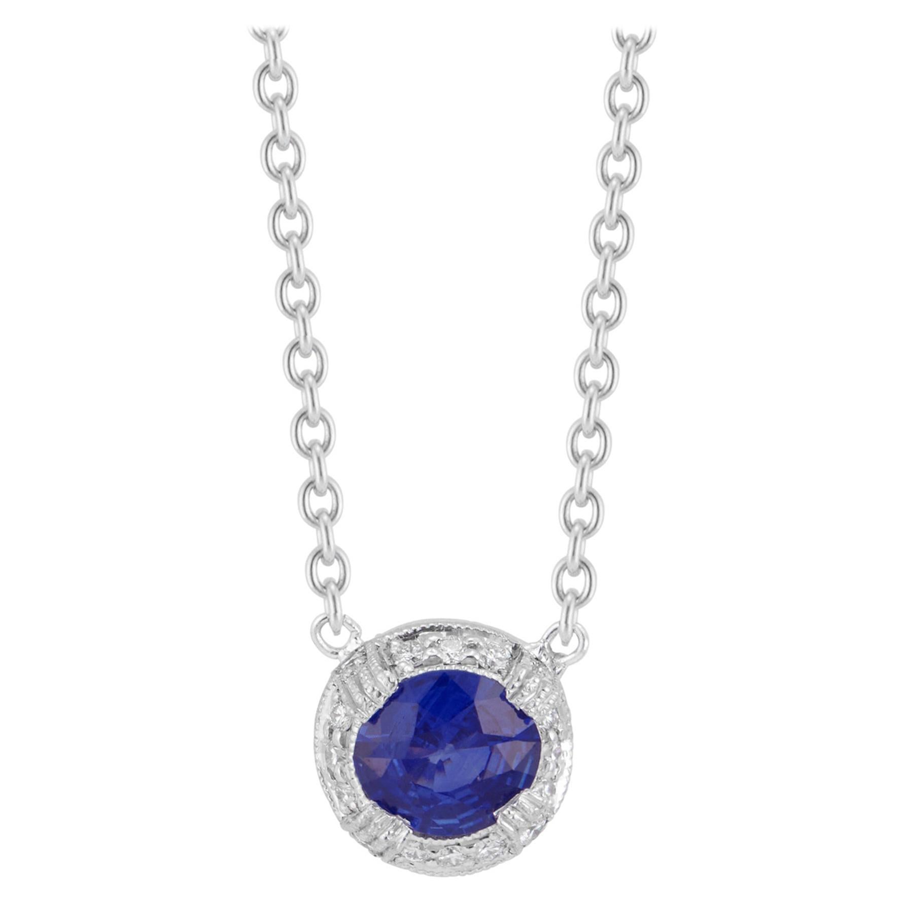 GIA .88 Carat Cornflower Blue Sapphire Diamond Halo Platinum Pendant Necklace For Sale