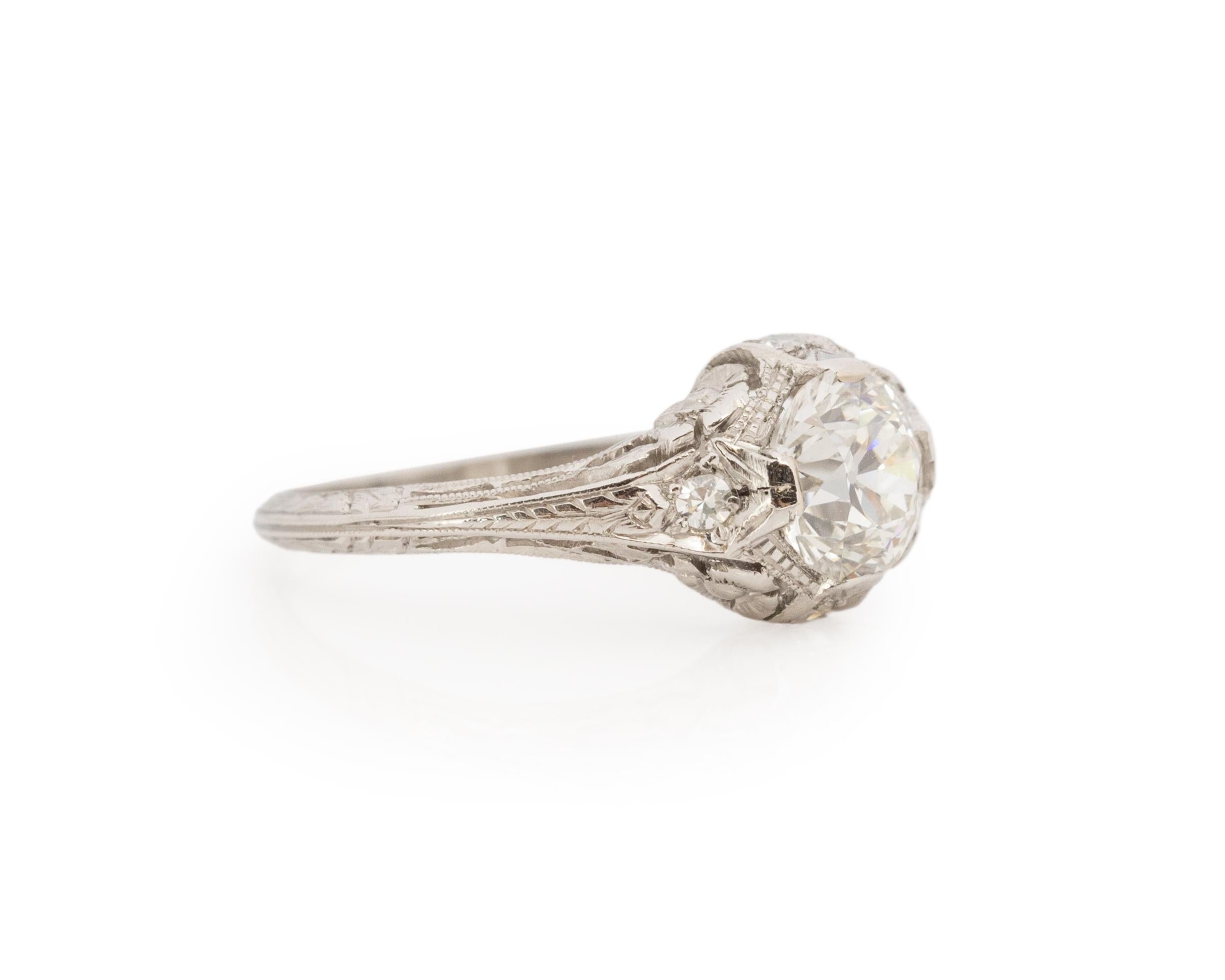 Ring Size: 5.25
Metal Type: Platinum [Hallmarked, and Tested]
Weight: 2.7 grams

Center Diamond Details:
GIA LAB REPORT #: 5222935888
Weight: .89ct
Cut: Old European brilliant
Color: I
Clarity: SI1
Measurements: 6.17mm x 6.03mm x 3.86mm

Side