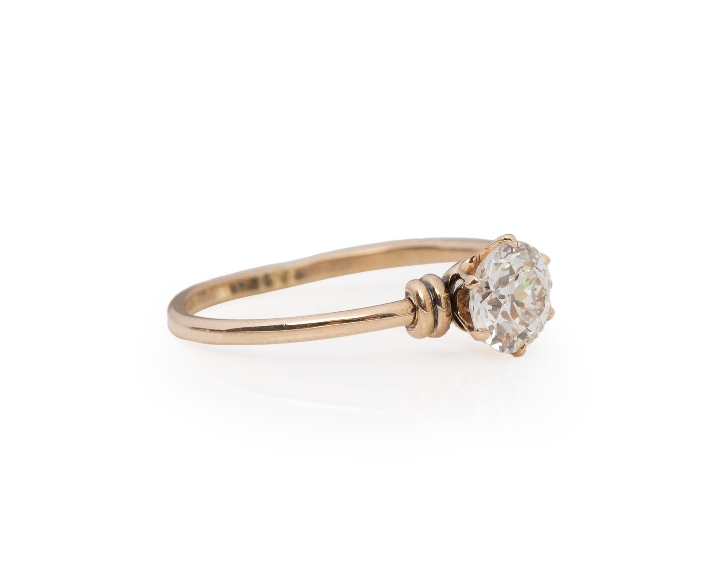 Ring Size: 7.25
Metal Type: 14K Yellow Gold [Hallmarked, and Tested]
Weight: 1.5grams

Center Diamond Details:
GIA REPORT #: 5211274200
Weight: .89ct
Cut: Old European brilliant
Color: J
Clarity: VS1
Measurements: 6.26mm x 6.05mm x 3.79mm

Finger to