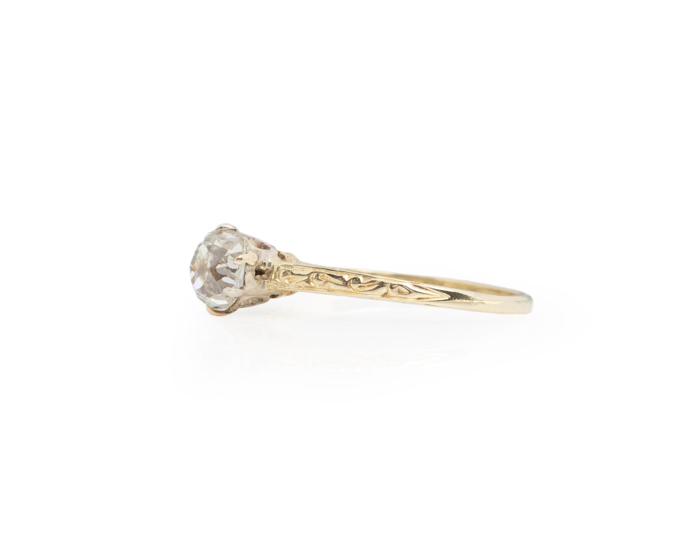Old Mine Cut Gia .89 Carat Edwardian Diamond 14 Karat Yellow Gold Engagement Ring For Sale
