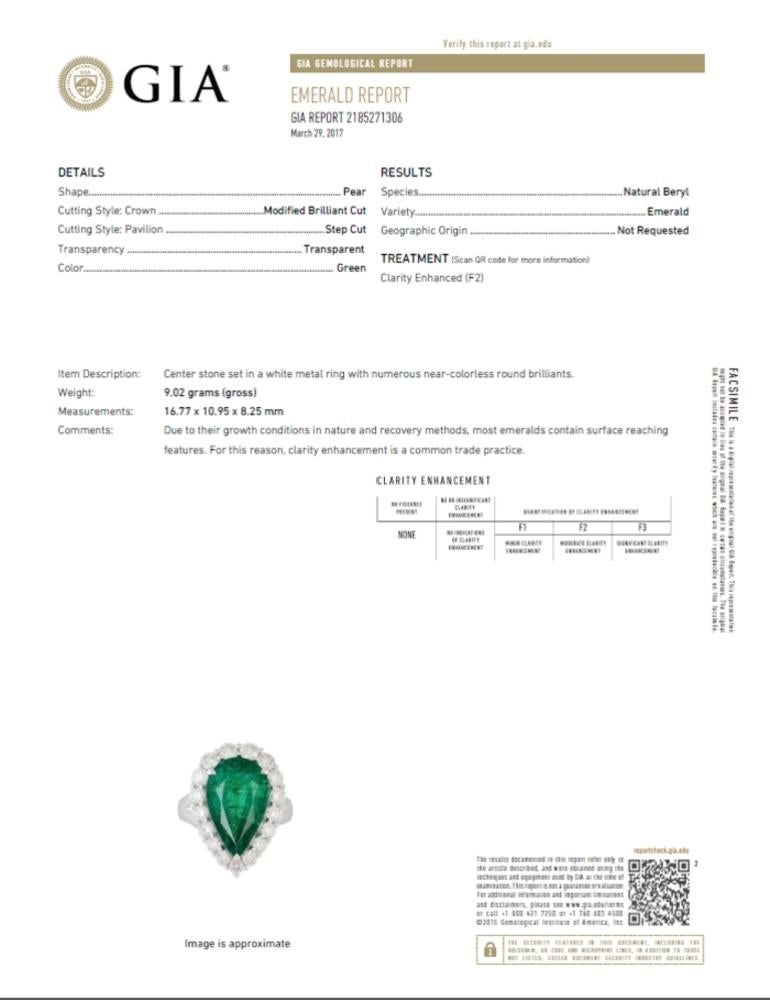 Women's GIA 8.90 Carat Pear Shape Emerald Split Shank Engagement Ring with Halo For Sale