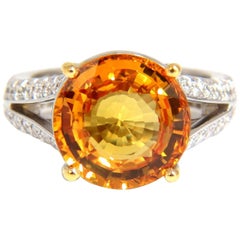 GIA 8.95 Carat Natural Orange Yellow Round Sapphire Diamond Ring 18 Karat Split