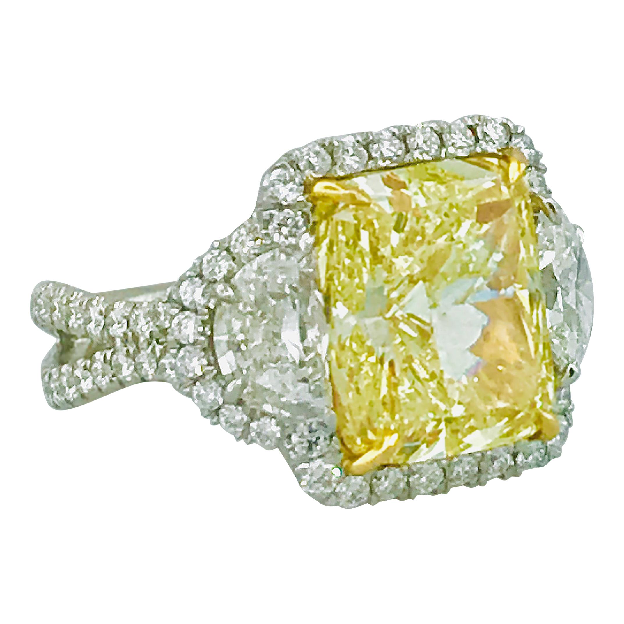 GIA 9 Carat Diamond Total Weight Fancy Yellow Diamond 3-Stone Platinum Ring