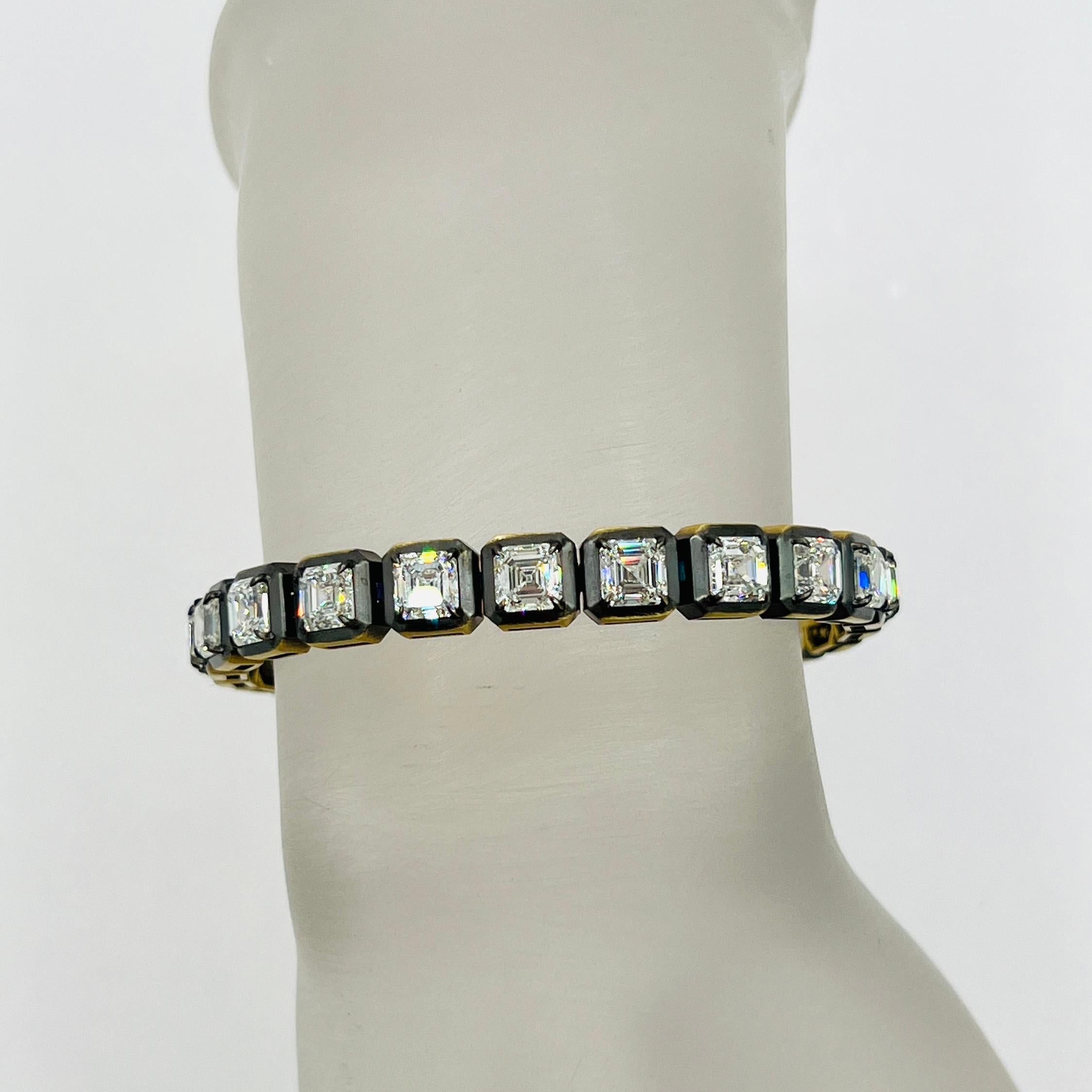 Femenino o masculino GIA Pulsera de diamantes talla Asscher de 0,90 quilates cada uno en rodio negro y oro de 18 quilates en venta