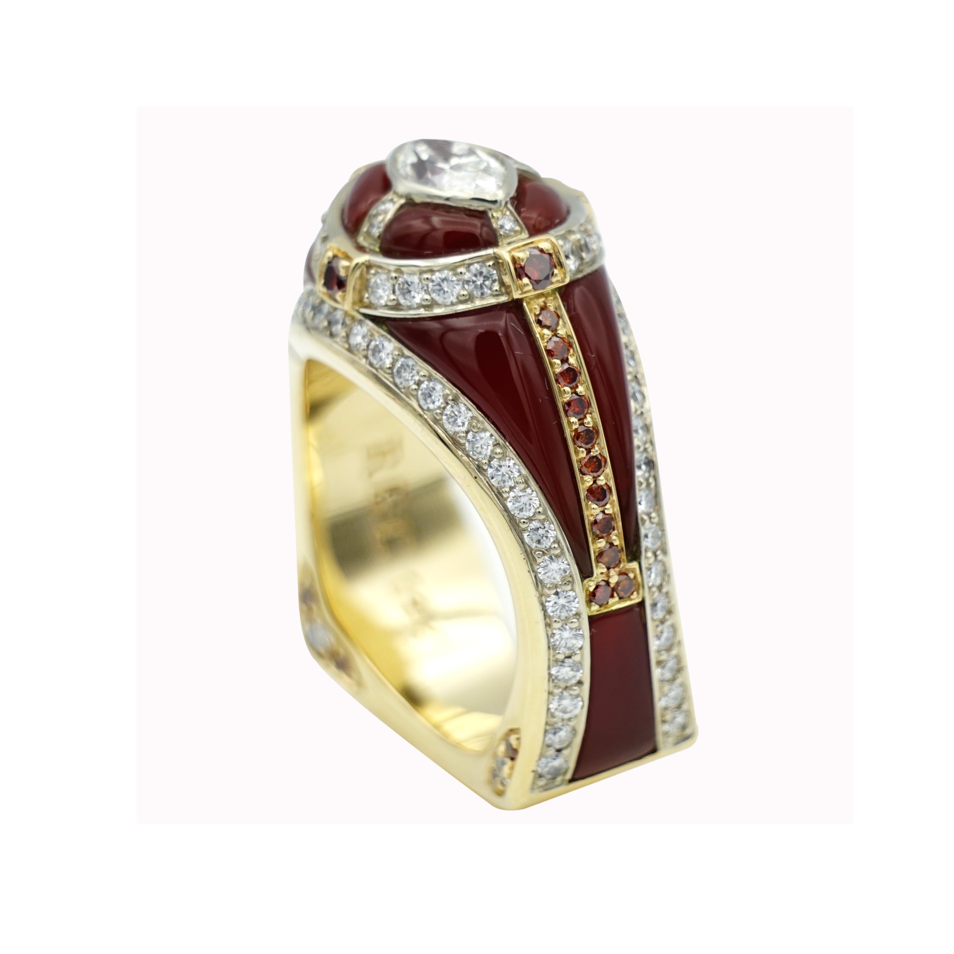 GIA .90 Carat Marquise Diamond Two-Tone Gold Italian Carnelian and Diamond Ring In New Condition In Rancho Santa Fe, CA