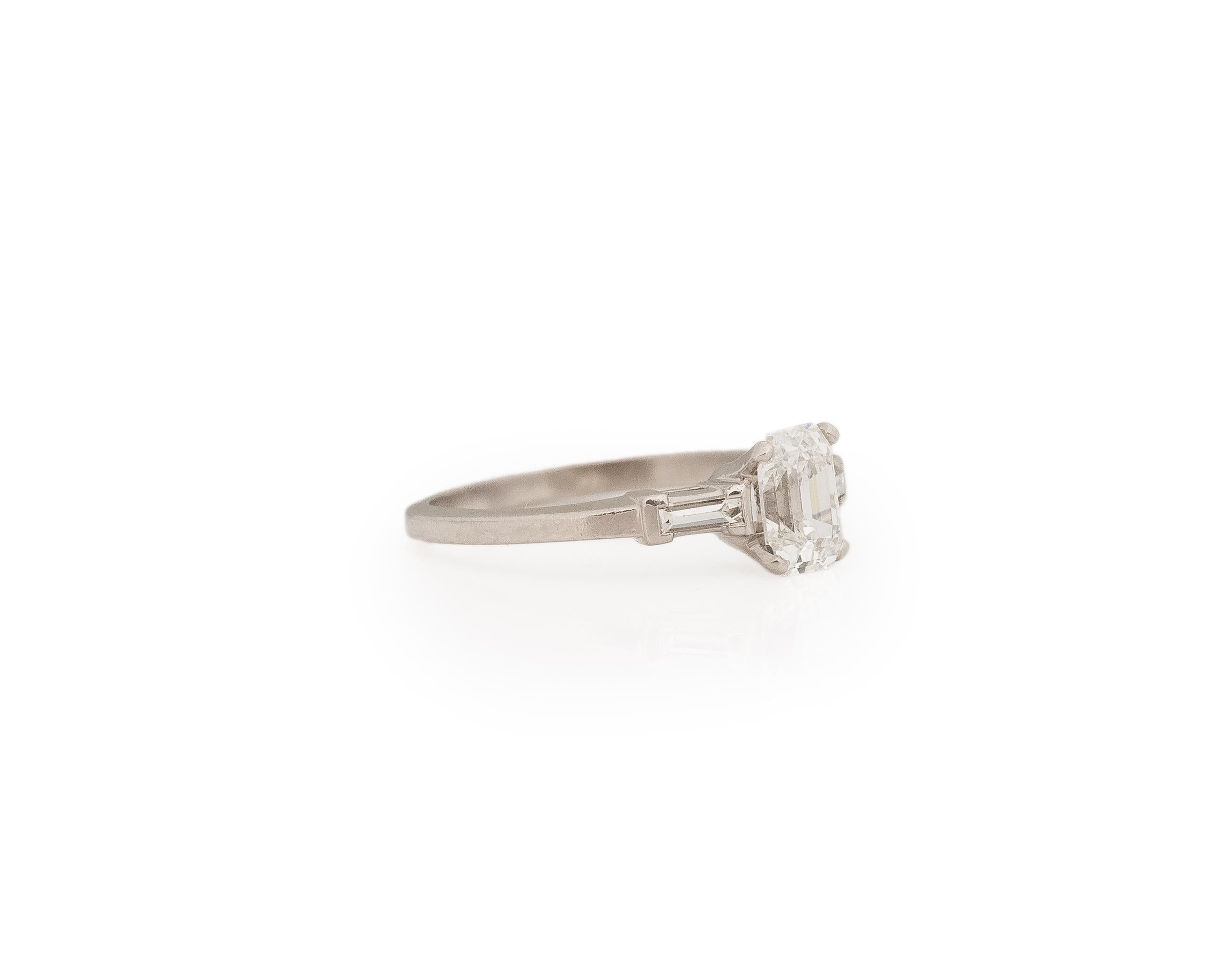 Year: 1930s

Item Details:
Ring Size: 6.5
Metal Type: Platinum [Hallmarked, and Tested]
Weight: 3.3 grams

Diamond Details:

GIA Report#:6234023260
Weight: .91ct total weight
Cut: Old European brilliant
Color: G
Clarity: VS1
Type: Natural

Side