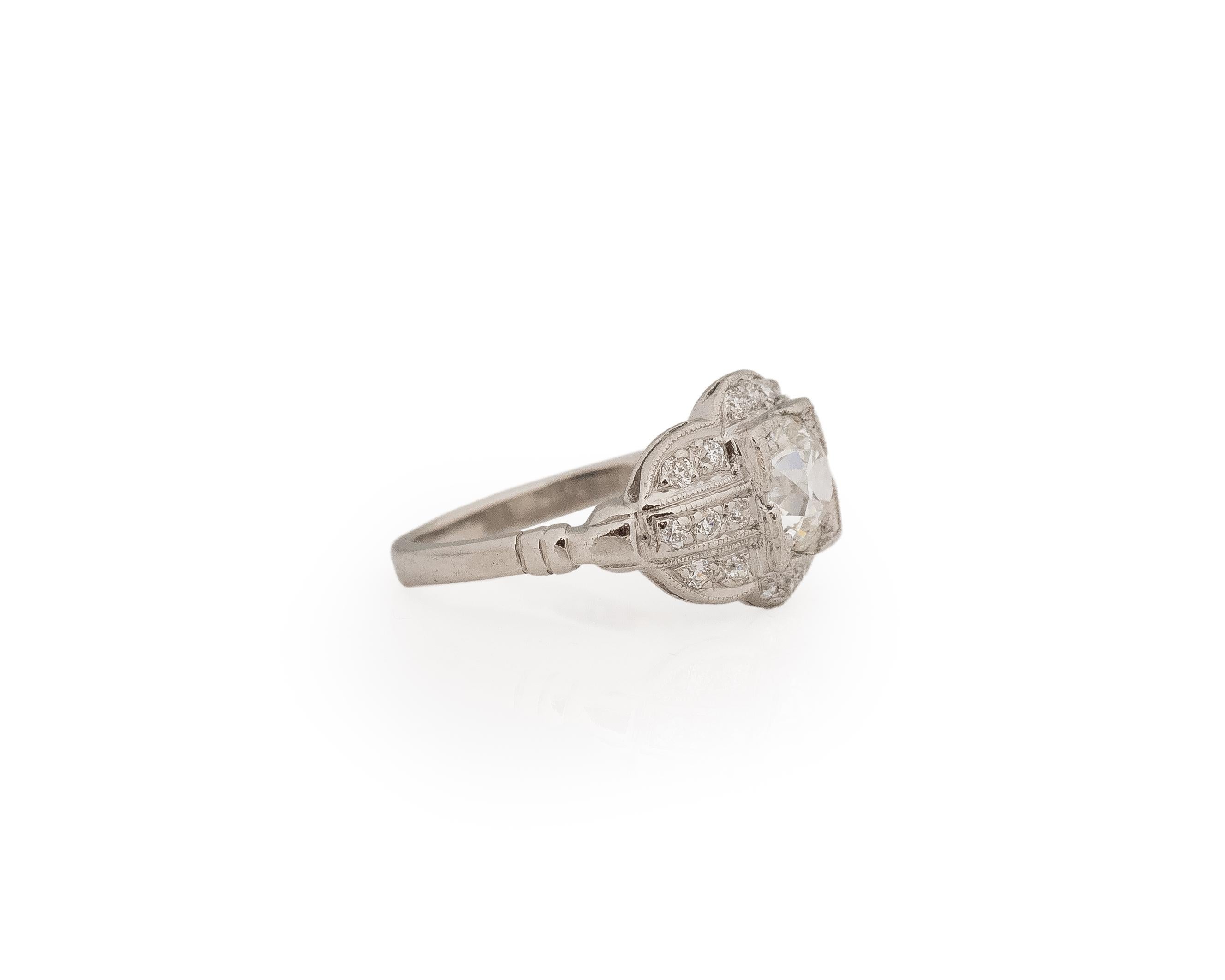 Year:

Item Details:
Ring Size: 5.75
Metal Type: Platinum [Hallmarked, and Tested]
Weight: 4.7 grams

Diamond Details:

GIA Report#:2239085546
Weight: .92ct total weight
Cut: Old European brilliant
Color: G
Clarity: I1
Type: Natural

Finger to Top