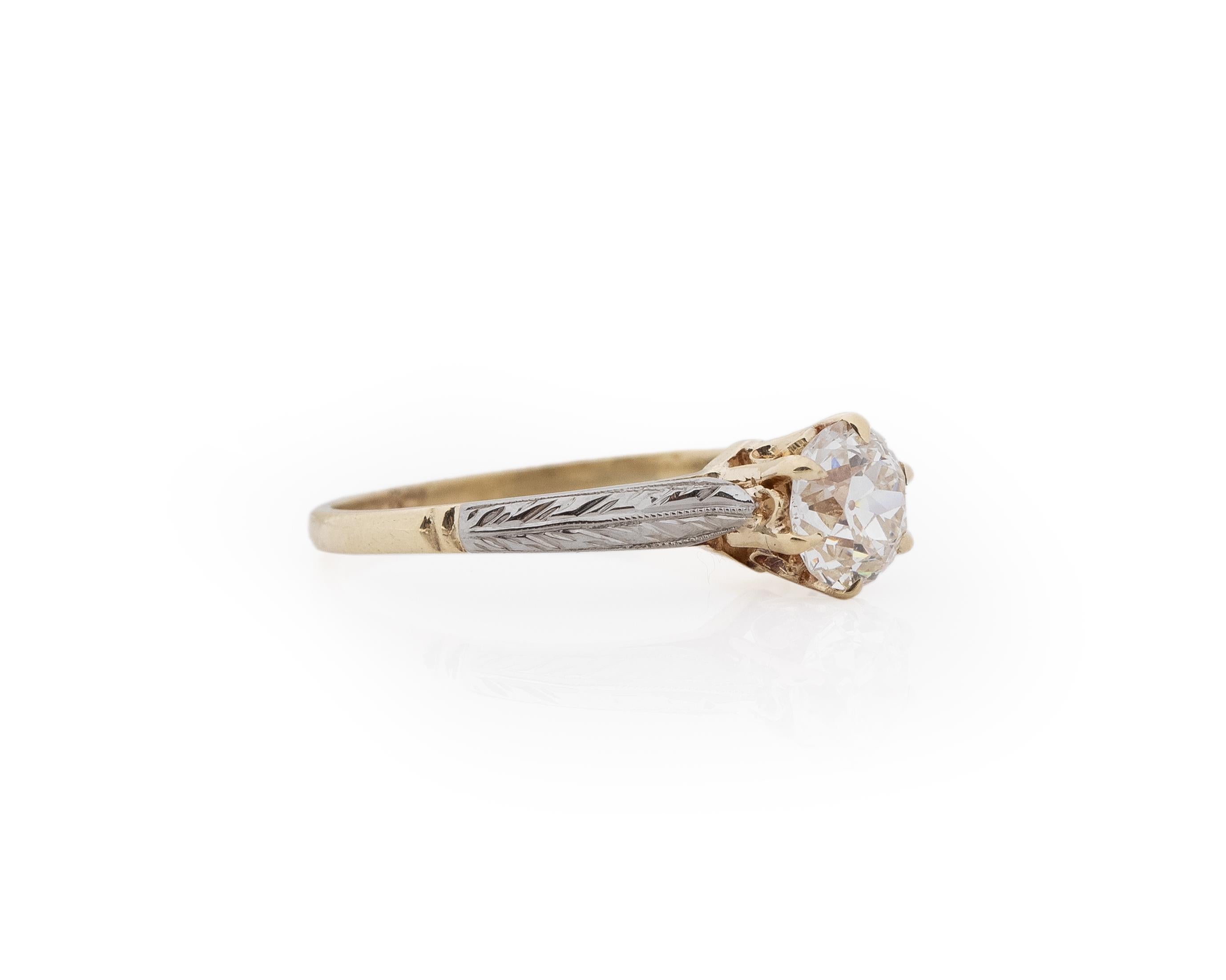 GIA .93 Carat Art Deco Diamond 14 Karat Yellow and White Gold Engagement Ring For Sale 1
