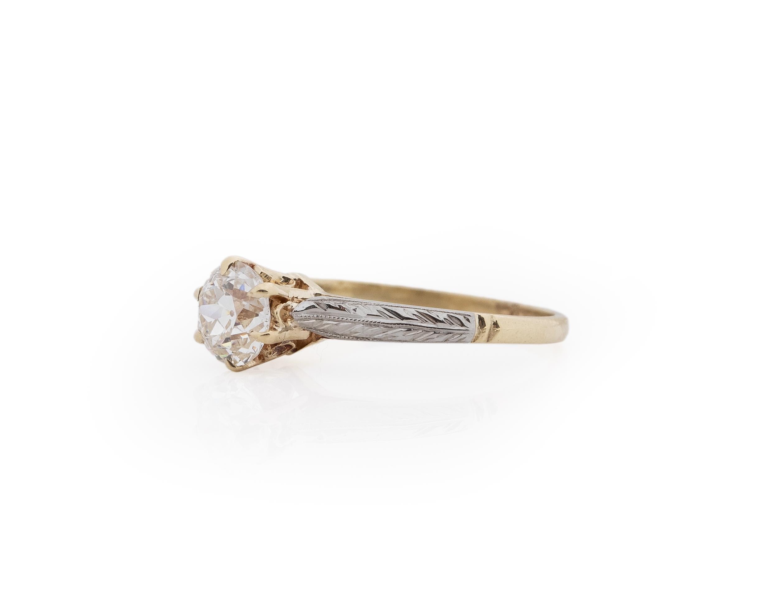 GIA .93 Carat Art Deco Diamond 14 Karat Yellow and White Gold Engagement Ring For Sale 2